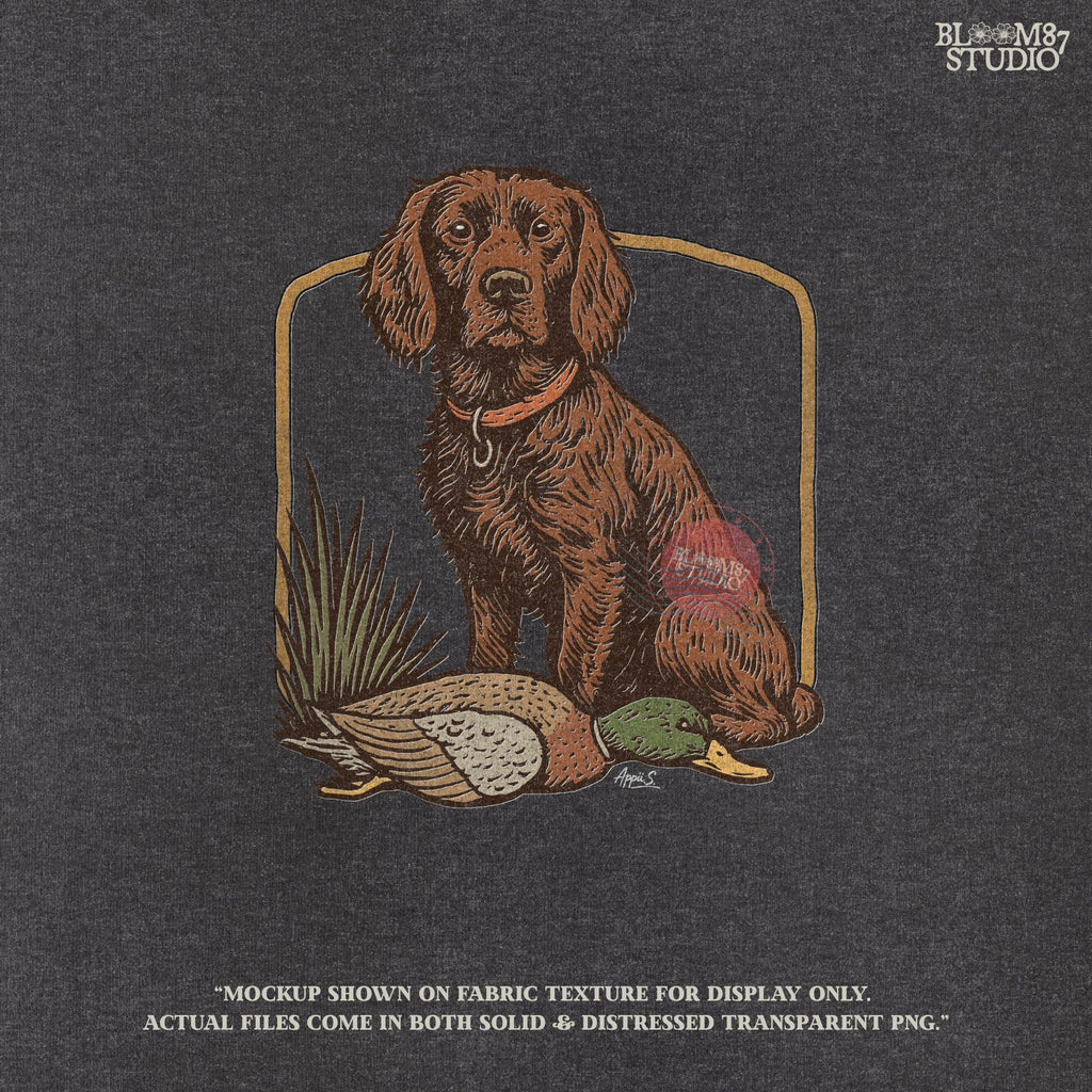 Vintage-style PNG of a Boykin Spaniel dog sitting with a harvested mallard duck, perfect for fall hunting sublimation and Southern dog lovers