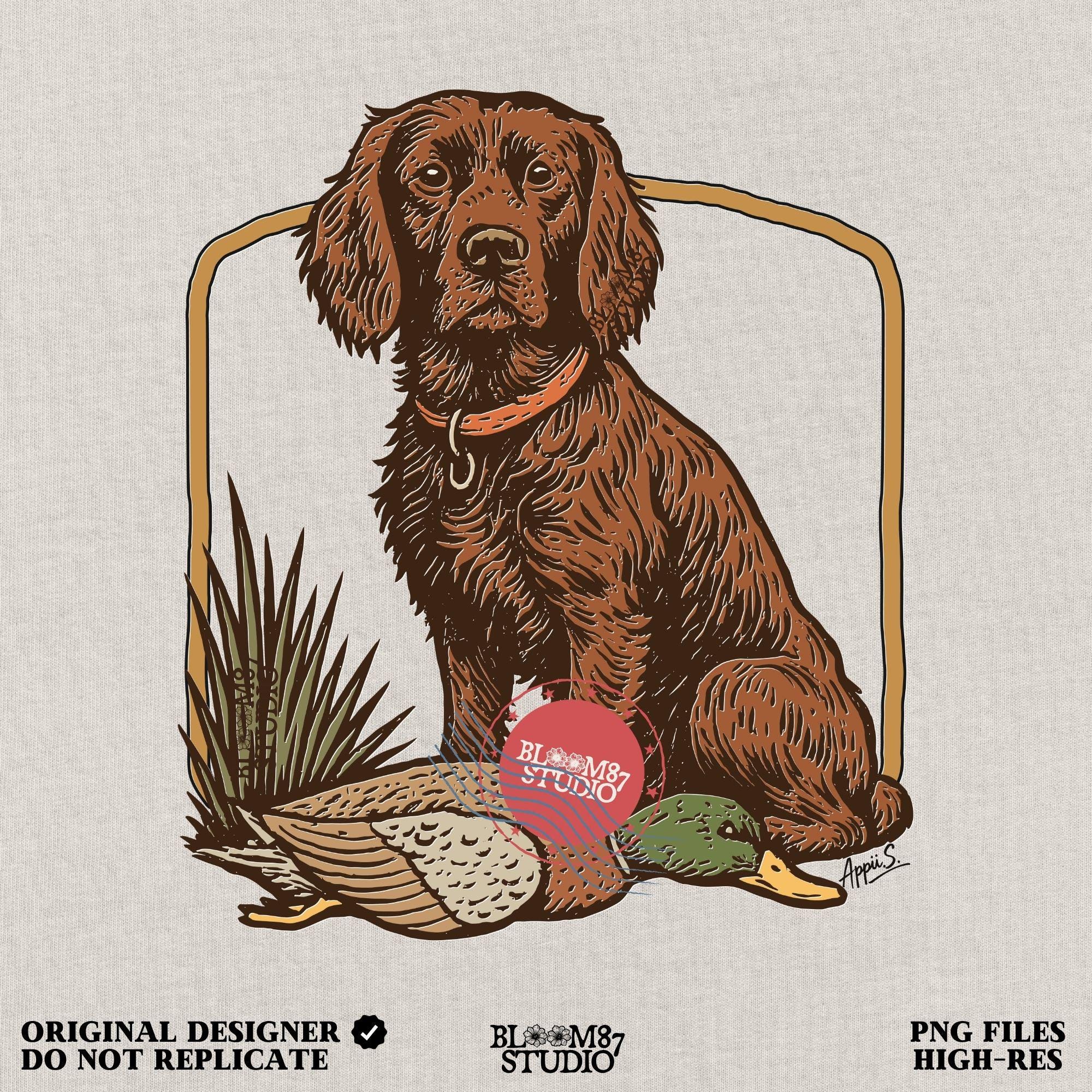 Vintage-style PNG of a Boykin Spaniel dog sitting with a harvested mallard duck, perfect for fall hunting sublimation and Southern dog lovers