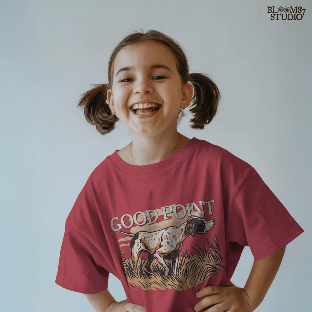 Vintage-style sublimation PNG of an English Pointer dog in a hunting stance with the phrase “Good Point” for upland hunting shirts and gifts