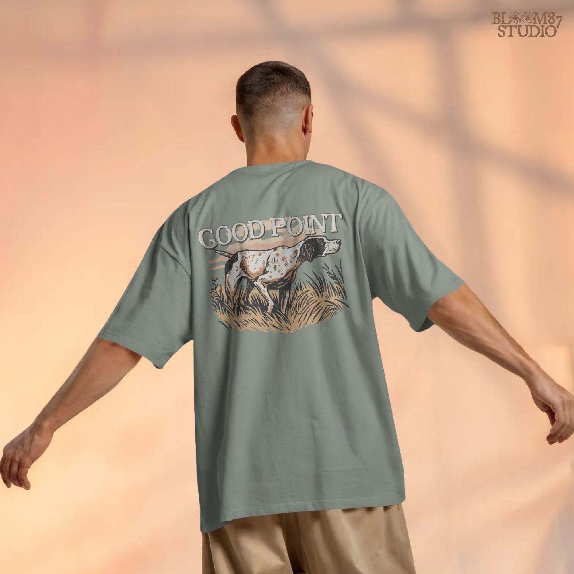 Vintage-style sublimation PNG of an English Pointer dog in a hunting stance with the phrase “Good Point” for upland hunting shirts and gifts