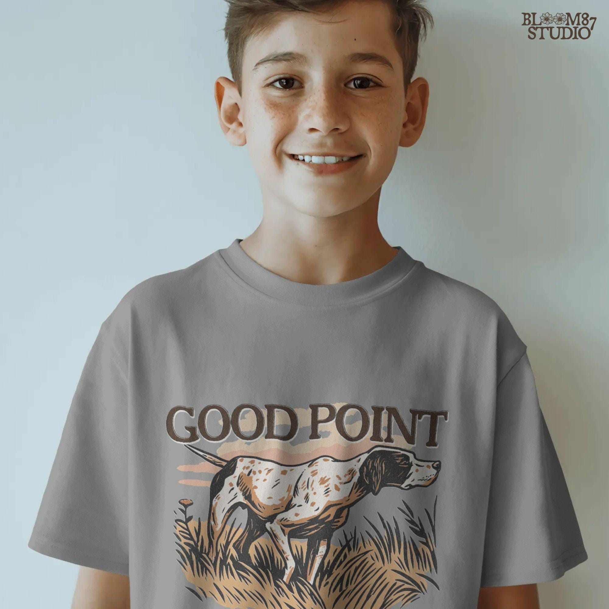 Vintage-style sublimation PNG of an English Pointer dog in a hunting stance with the phrase “Good Point” for upland hunting shirts and gifts