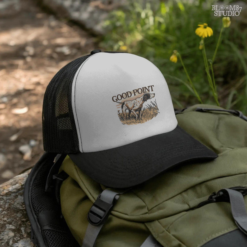 Vintage-style sublimation PNG of an English Pointer dog in a hunting stance with the phrase “Good Point” for upland hunting shirts and gifts