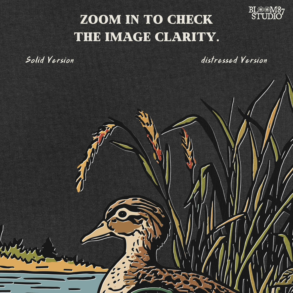 Vintage-style sublimation PNG of two wood ducks in a fall marsh surrounded by cattails and foliage, designed for duck hunting shirts and gifts