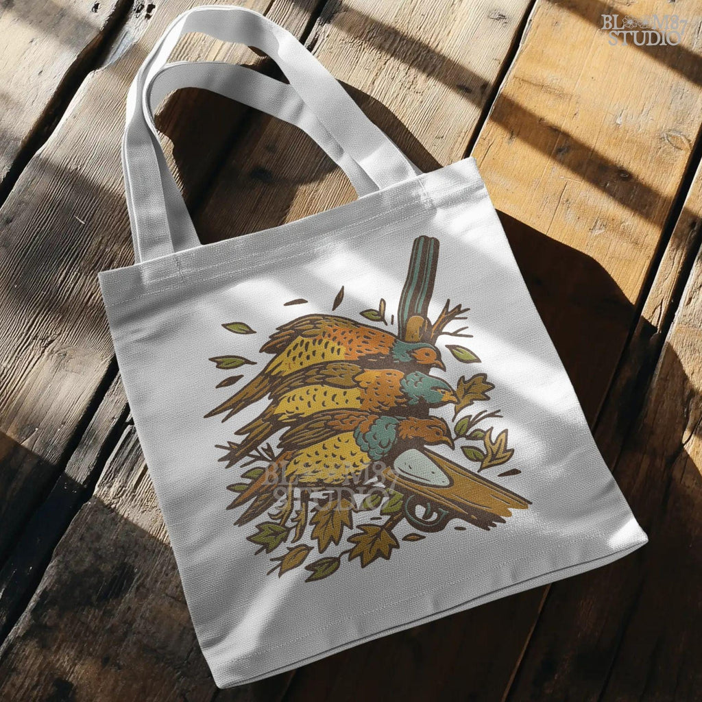 Vintage-style sublimation PNG of three pheasants laid over a shotgun with fall leaves, ideal for upland bird hunting apparel or gifts