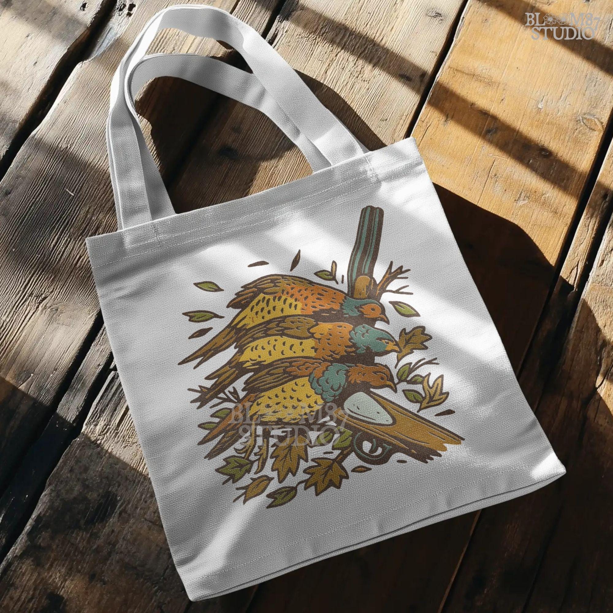 Vintage-style sublimation PNG of three pheasants laid over a shotgun with fall leaves, ideal for upland bird hunting apparel or gifts