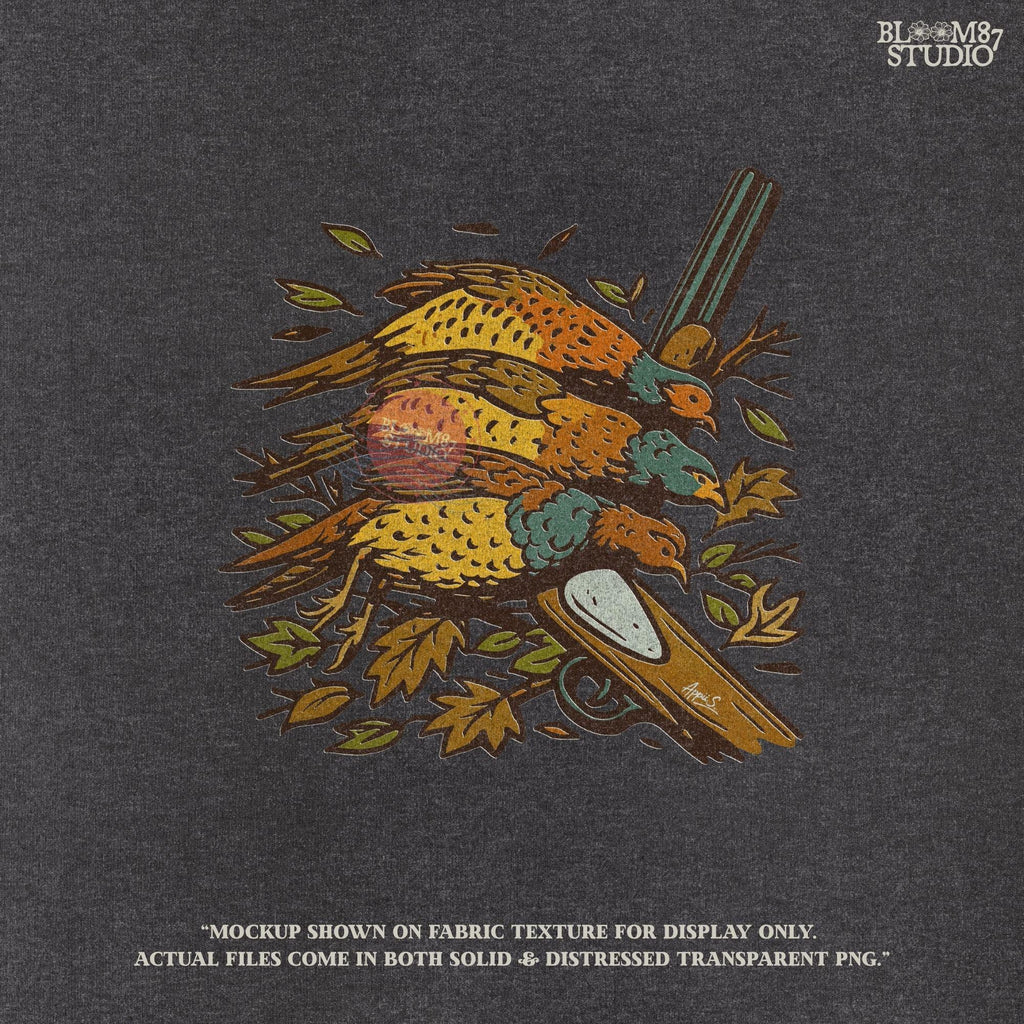 Vintage-style sublimation PNG of three pheasants laid over a shotgun with fall leaves, ideal for upland bird hunting apparel or gifts