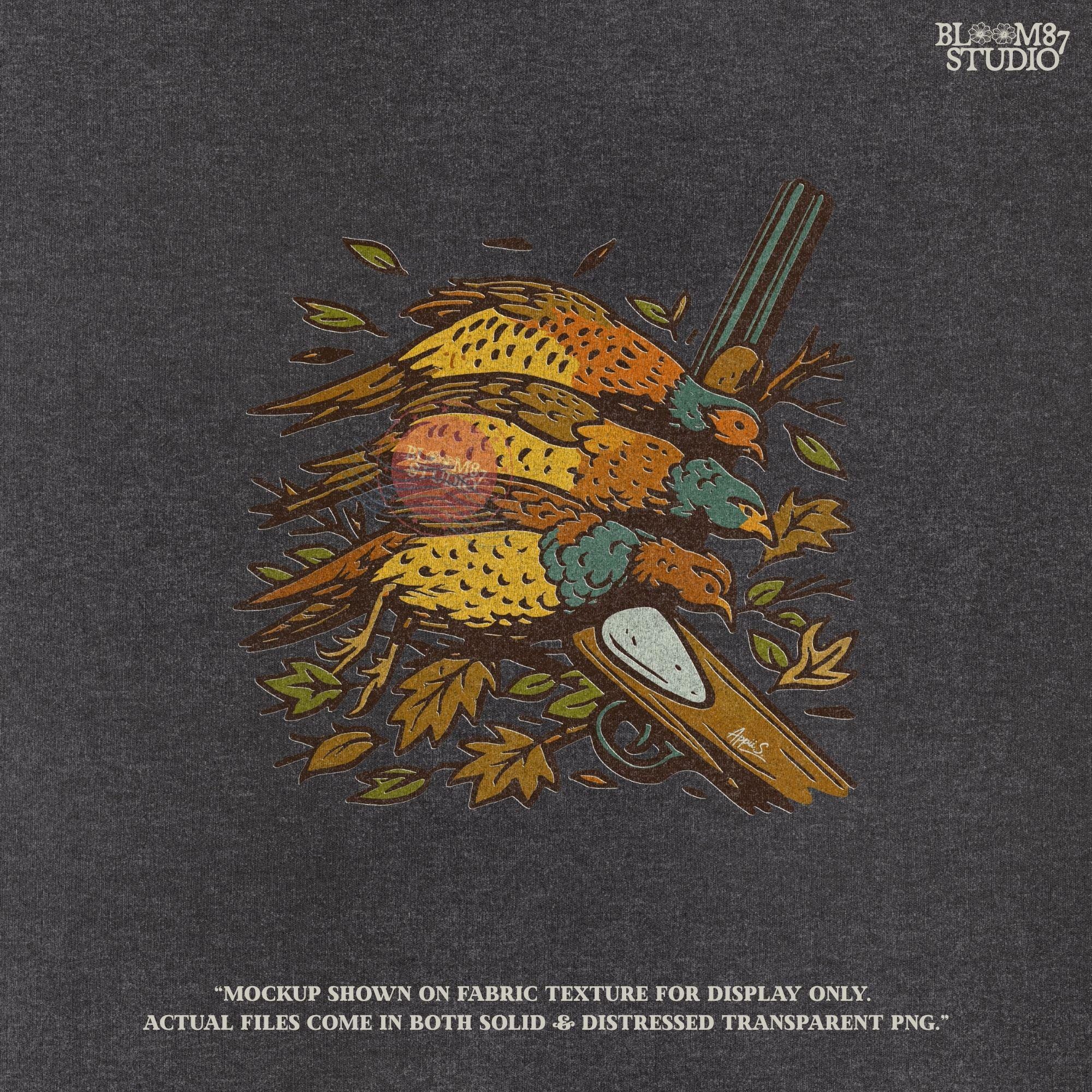 Vintage-style sublimation PNG of three pheasants laid over a shotgun with fall leaves, ideal for upland bird hunting apparel or gifts