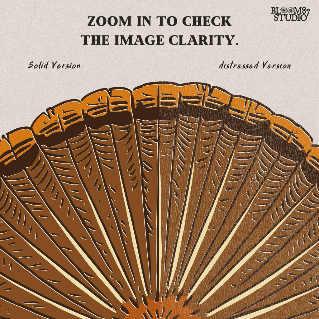 Illustration of a wild turkey from behind with fully fanned tail feathers in brown and golden tones, digital PNG for hunting and Thanksgiving crafts