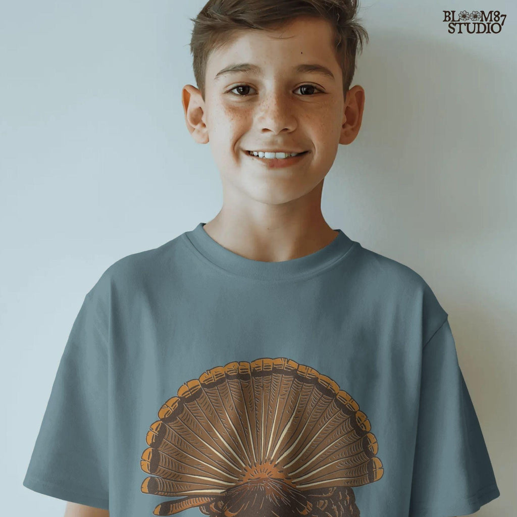 Illustration of a wild turkey from behind with fully fanned tail feathers in brown and golden tones, digital PNG for hunting and Thanksgiving crafts