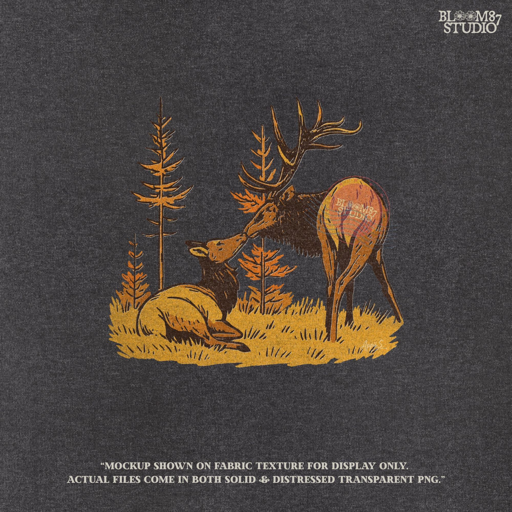 Elk Couple PNG: Rustic Wildlife Sublimation Design
