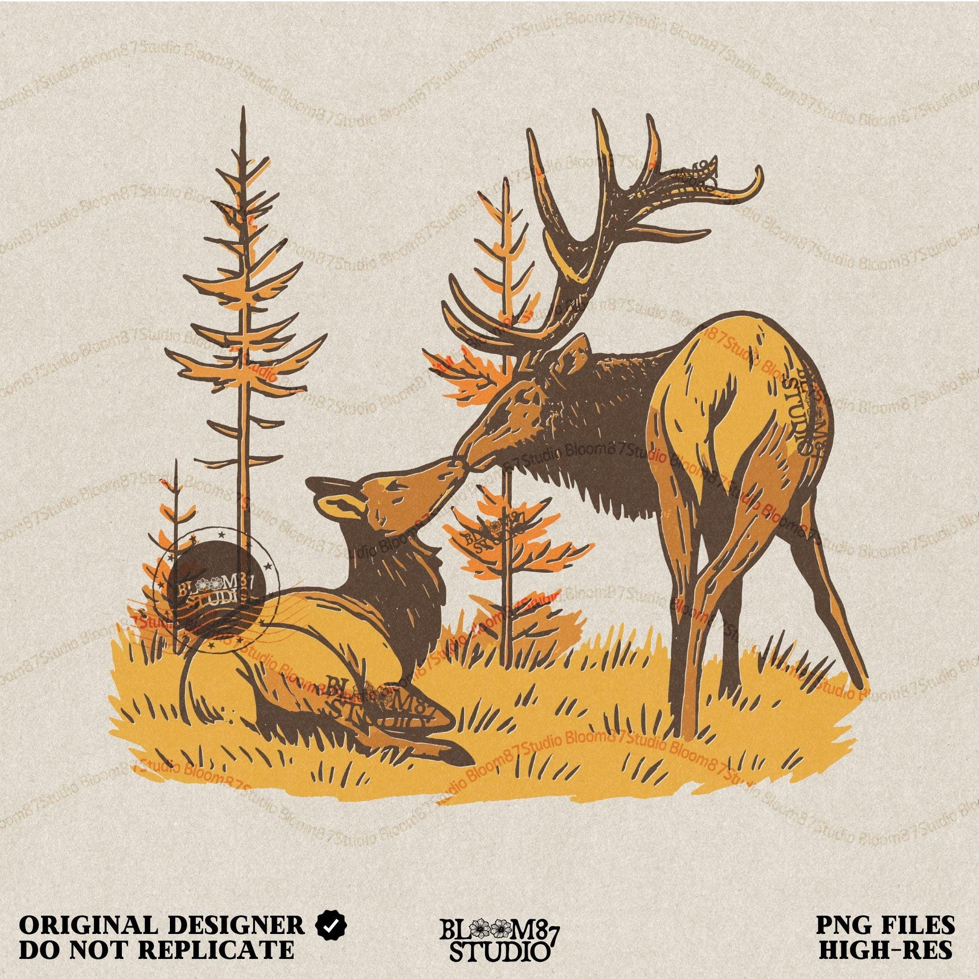 Elk Couple PNG: Rustic Wildlife Sublimation Design
