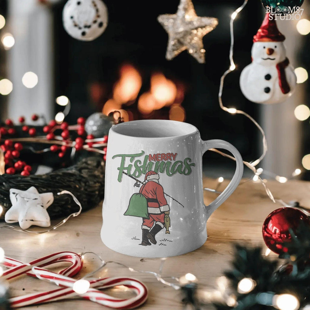 Illustration of Santa Claus walking with fishing rod and fish, “Merry Fishmas” text above, rustic Christmas PNG for sublimation and holiday crafts