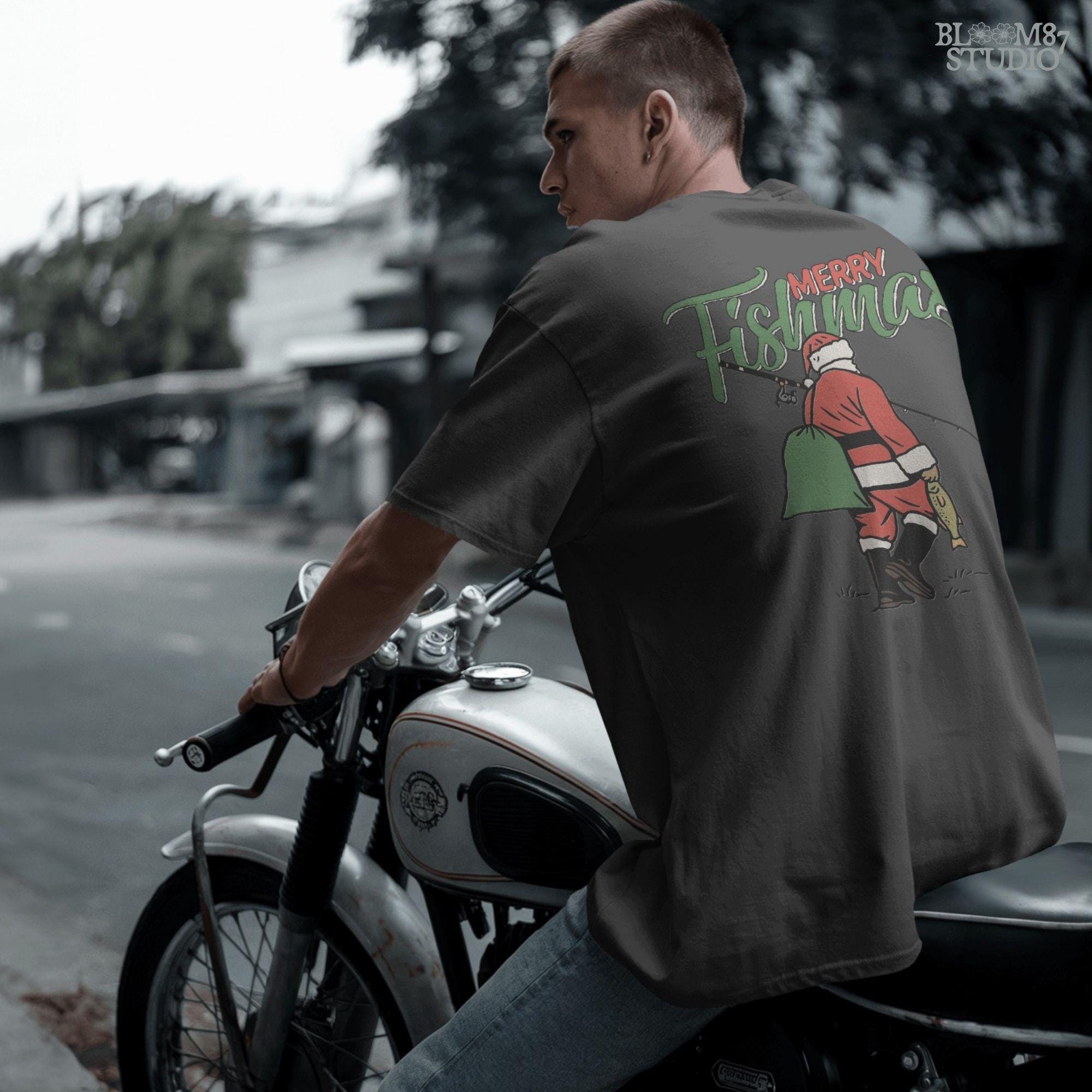 Illustration of Santa Claus walking with fishing rod and fish, “Merry Fishmas” text above, rustic Christmas PNG for sublimation and holiday crafts