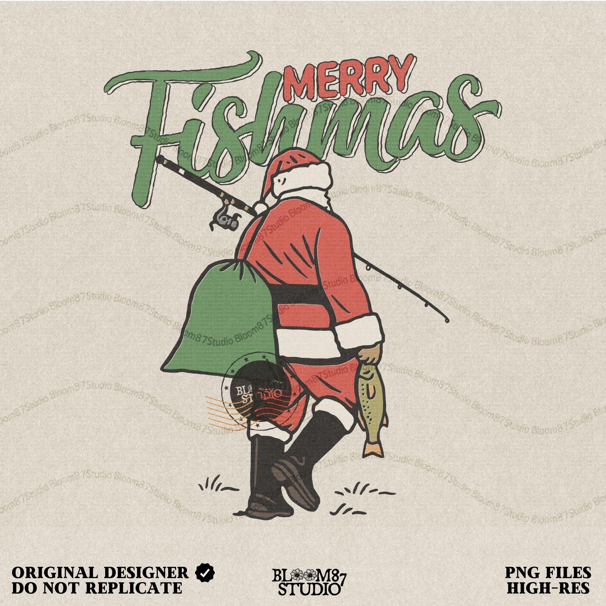 Illustration of Santa Claus walking with fishing rod and fish, “Merry Fishmas” text above, rustic Christmas PNG for sublimation and holiday crafts
