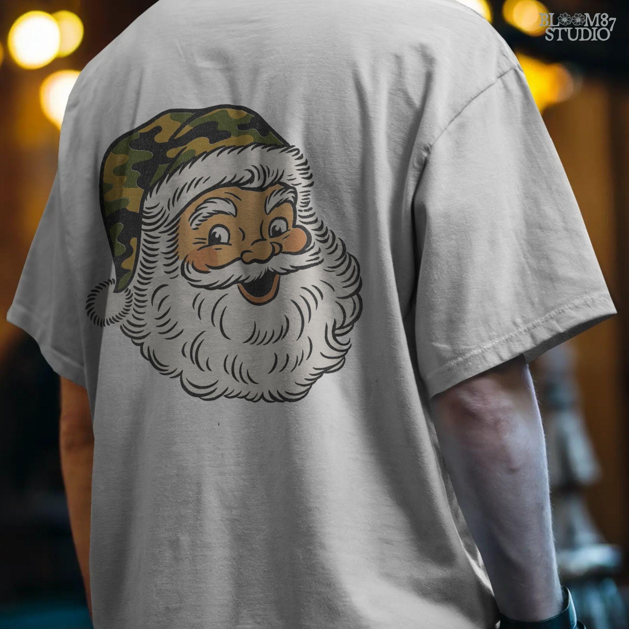 Vintage-style Santa Claus face with a camouflage Christmas hat, rustic holiday PNG for sublimation and country Christmas crafts