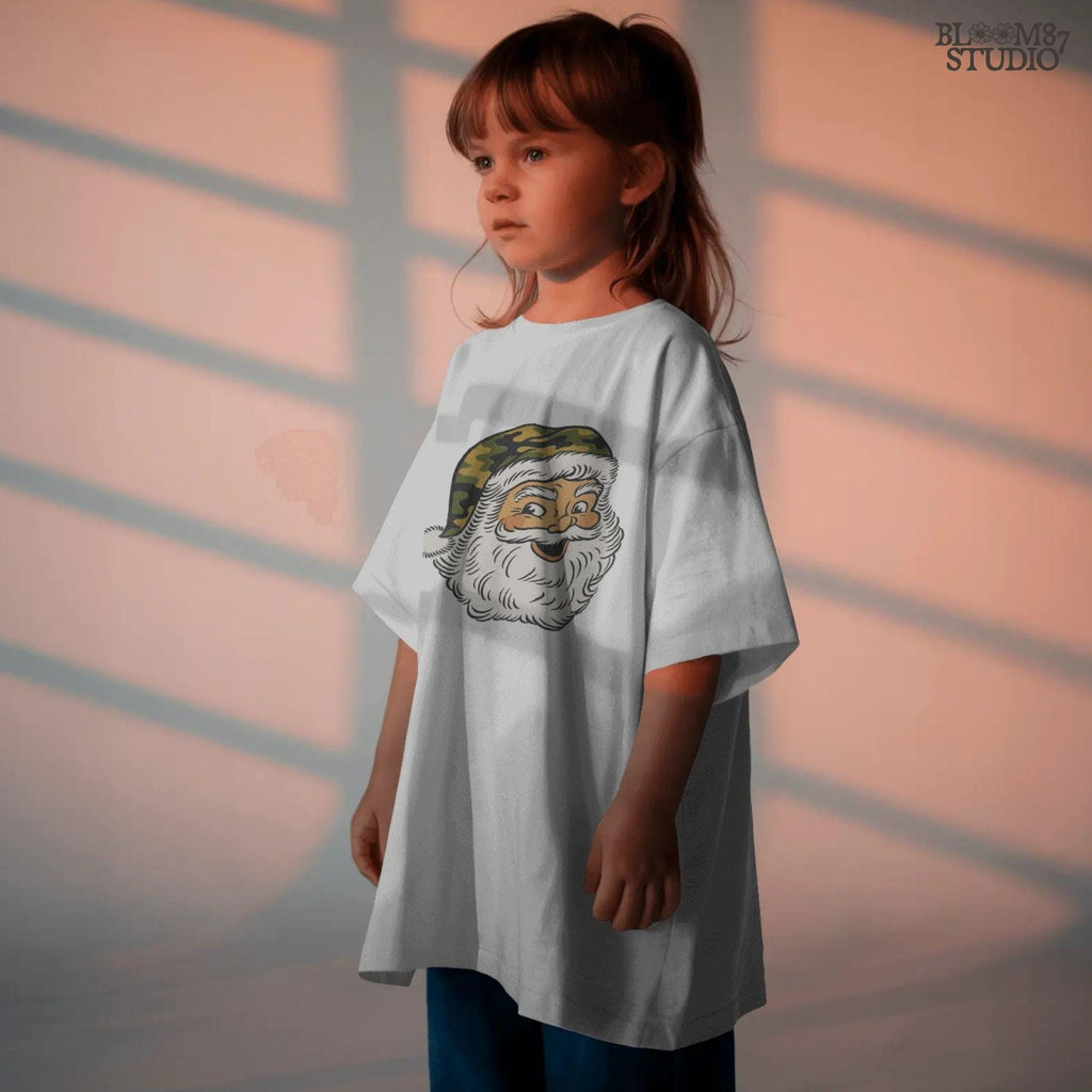 Vintage-style Santa Claus face with a camouflage Christmas hat, rustic holiday PNG for sublimation and country Christmas crafts