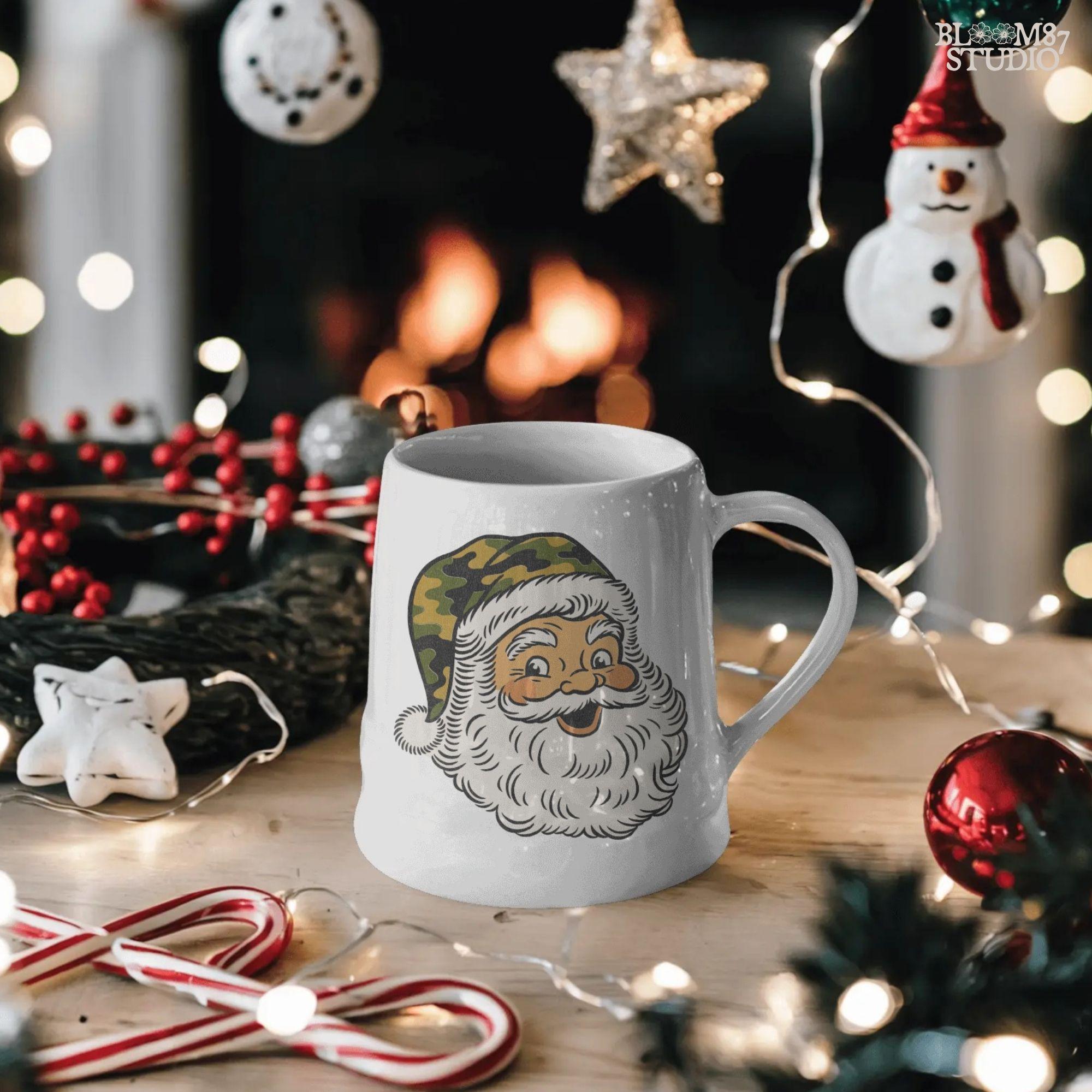 Vintage-style Santa Claus face with a camouflage Christmas hat, rustic holiday PNG for sublimation and country Christmas crafts