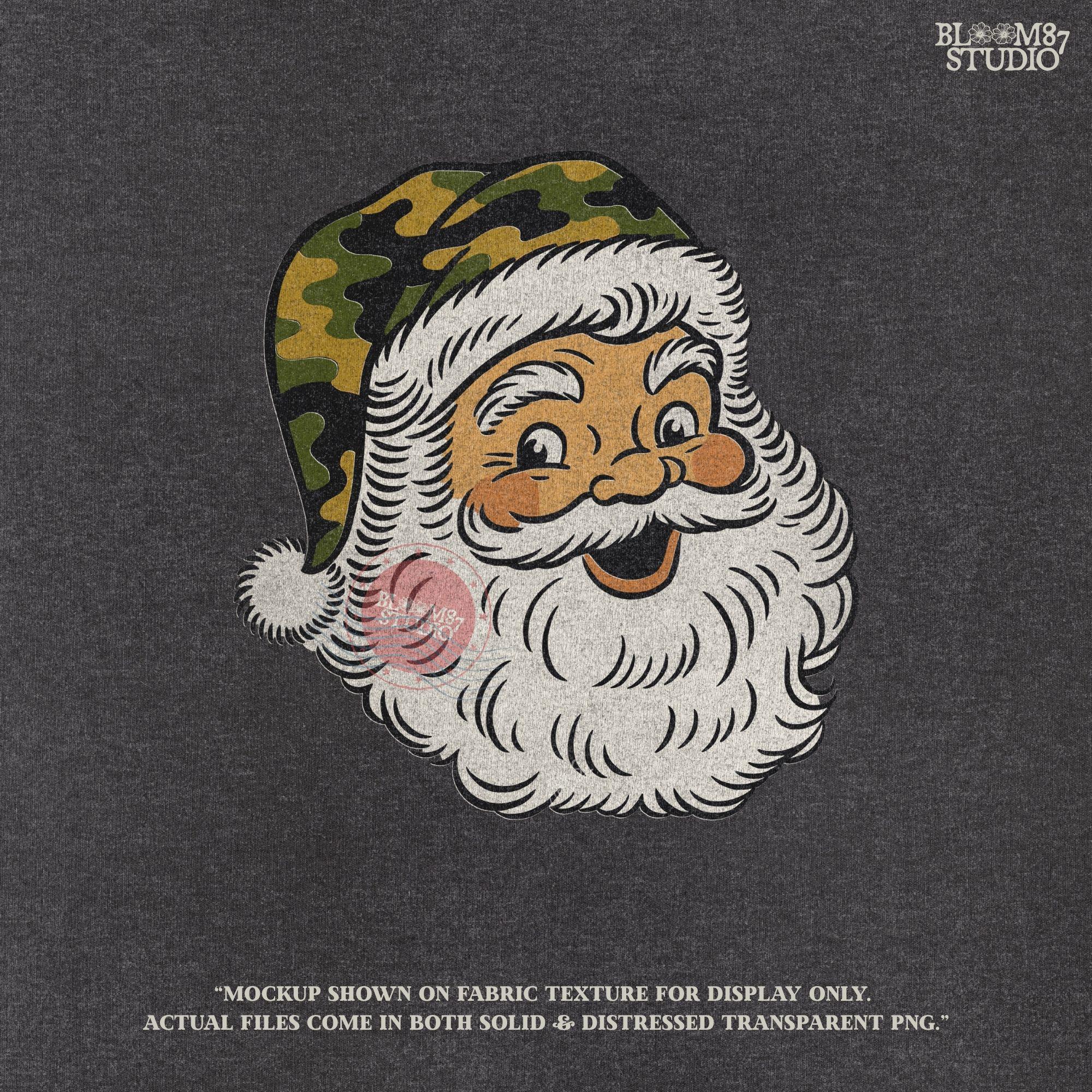 Vintage-style Santa Claus face with a camouflage Christmas hat, rustic holiday PNG for sublimation and country Christmas crafts
