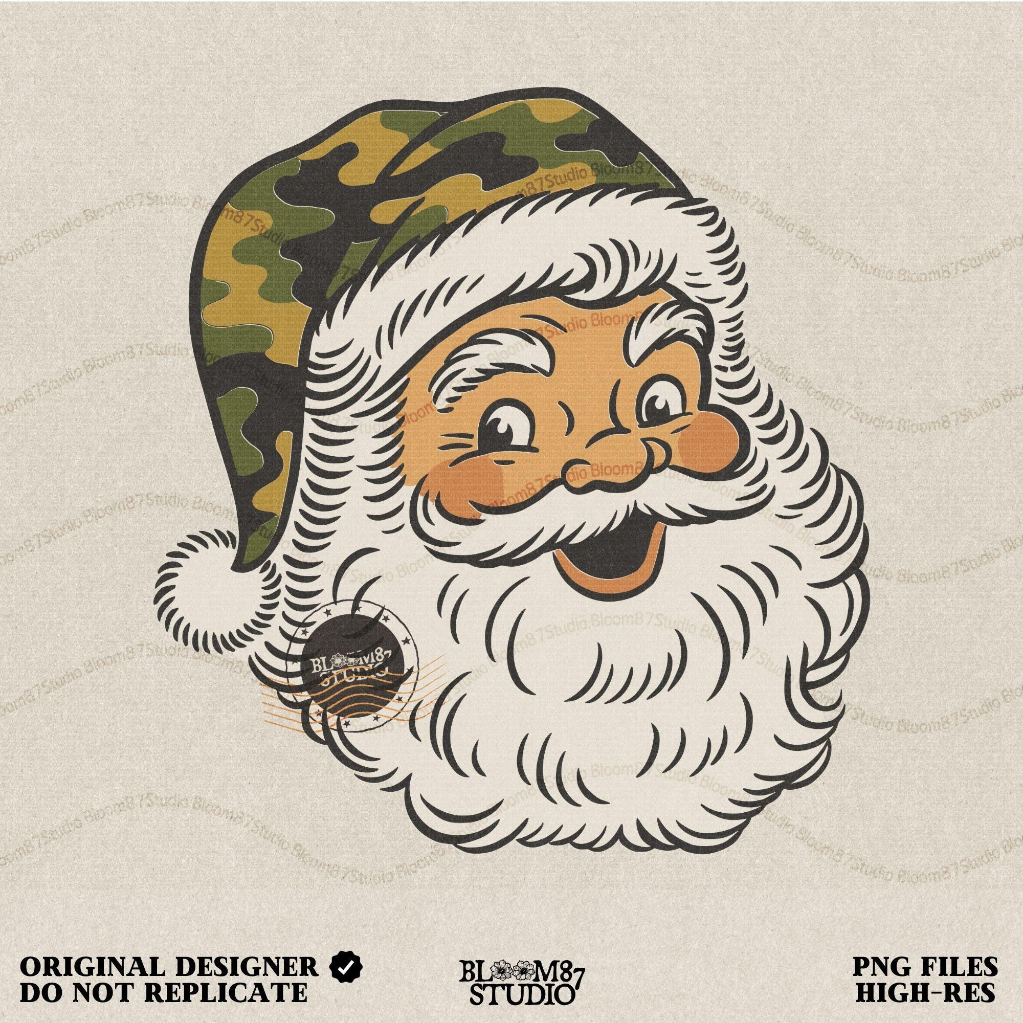 Vintage-style Santa Claus face with a camouflage Christmas hat, rustic holiday PNG for sublimation and country Christmas crafts