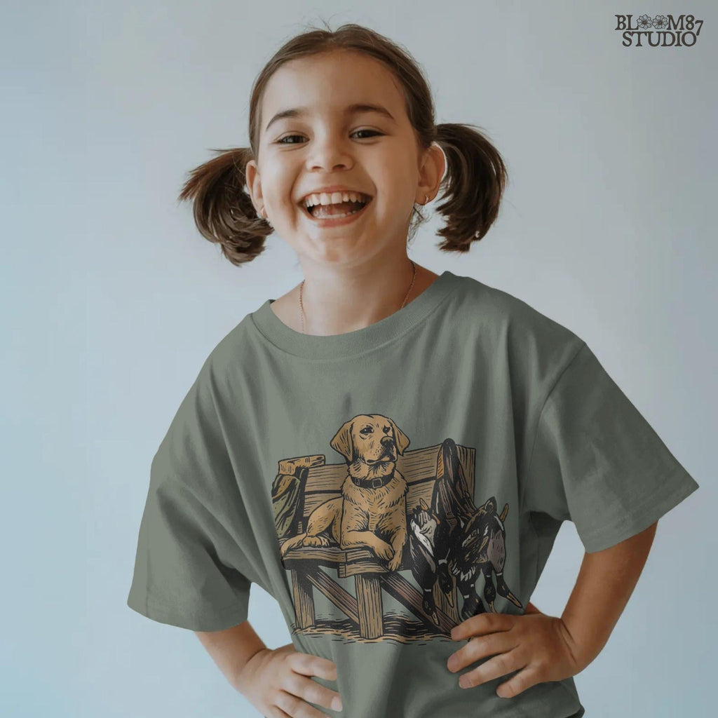 Rustic illustration of a yellow Labrador retriever hunting dog on a dock with harvested mallard ducks, PNG for hunting-themed sublimation crafts