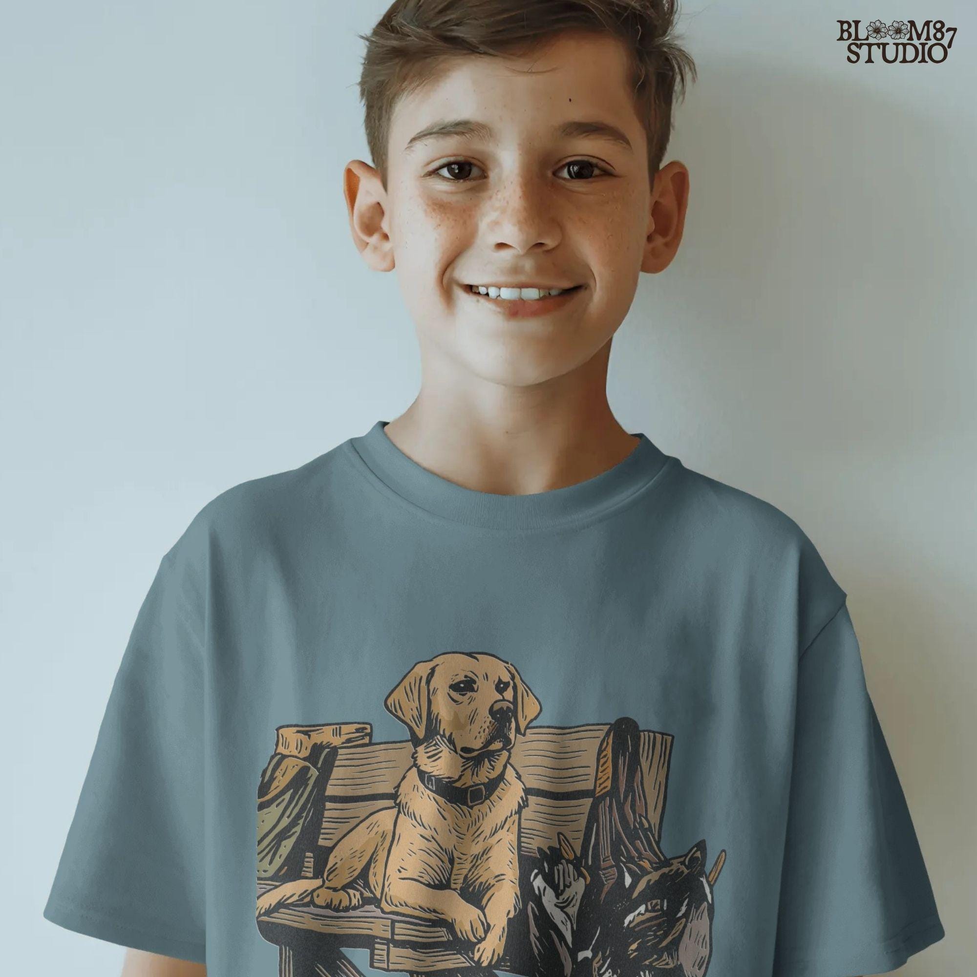 Rustic illustration of a yellow Labrador retriever hunting dog on a dock with harvested mallard ducks, PNG for hunting-themed sublimation crafts