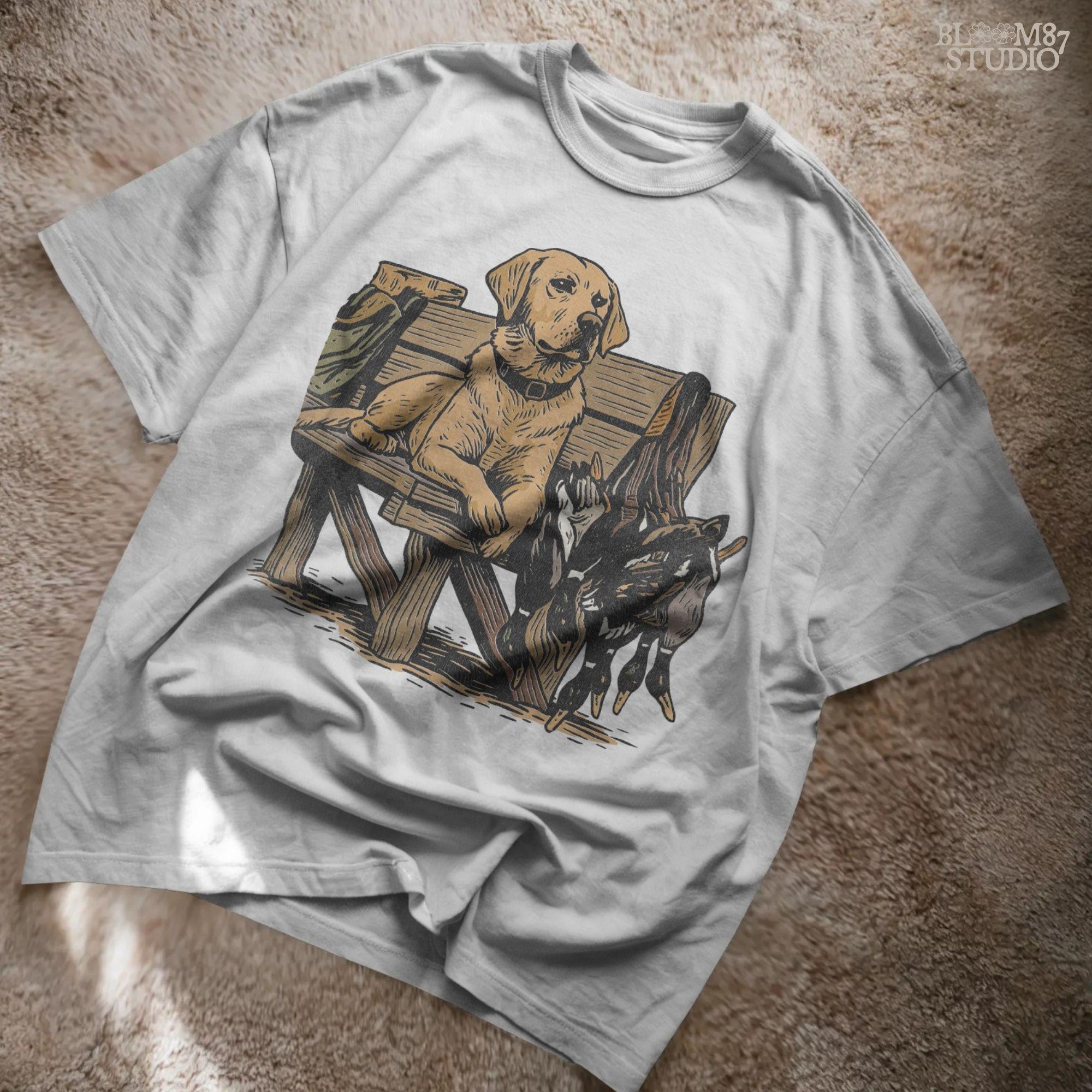 Rustic illustration of a yellow Labrador retriever hunting dog on a dock with harvested mallard ducks, PNG for hunting-themed sublimation crafts