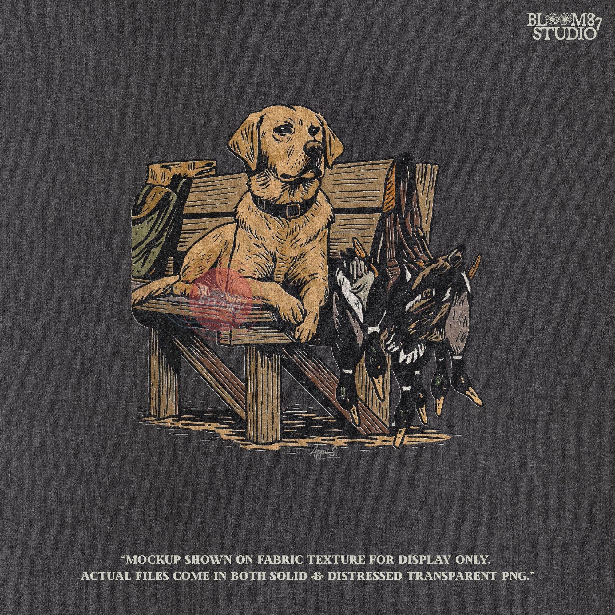 Rustic illustration of a yellow Labrador retriever hunting dog on a dock with harvested mallard ducks, PNG for hunting-themed sublimation crafts