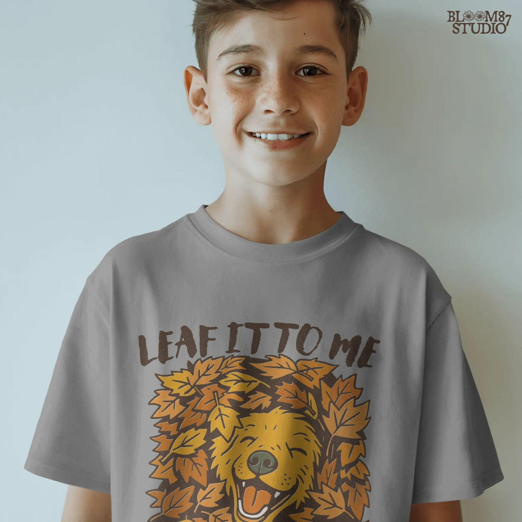 Cute golden retriever surrounded by fall leaves with the phrase “Leaf it to me to love fall”, for autumn dog-themed sublimation projects