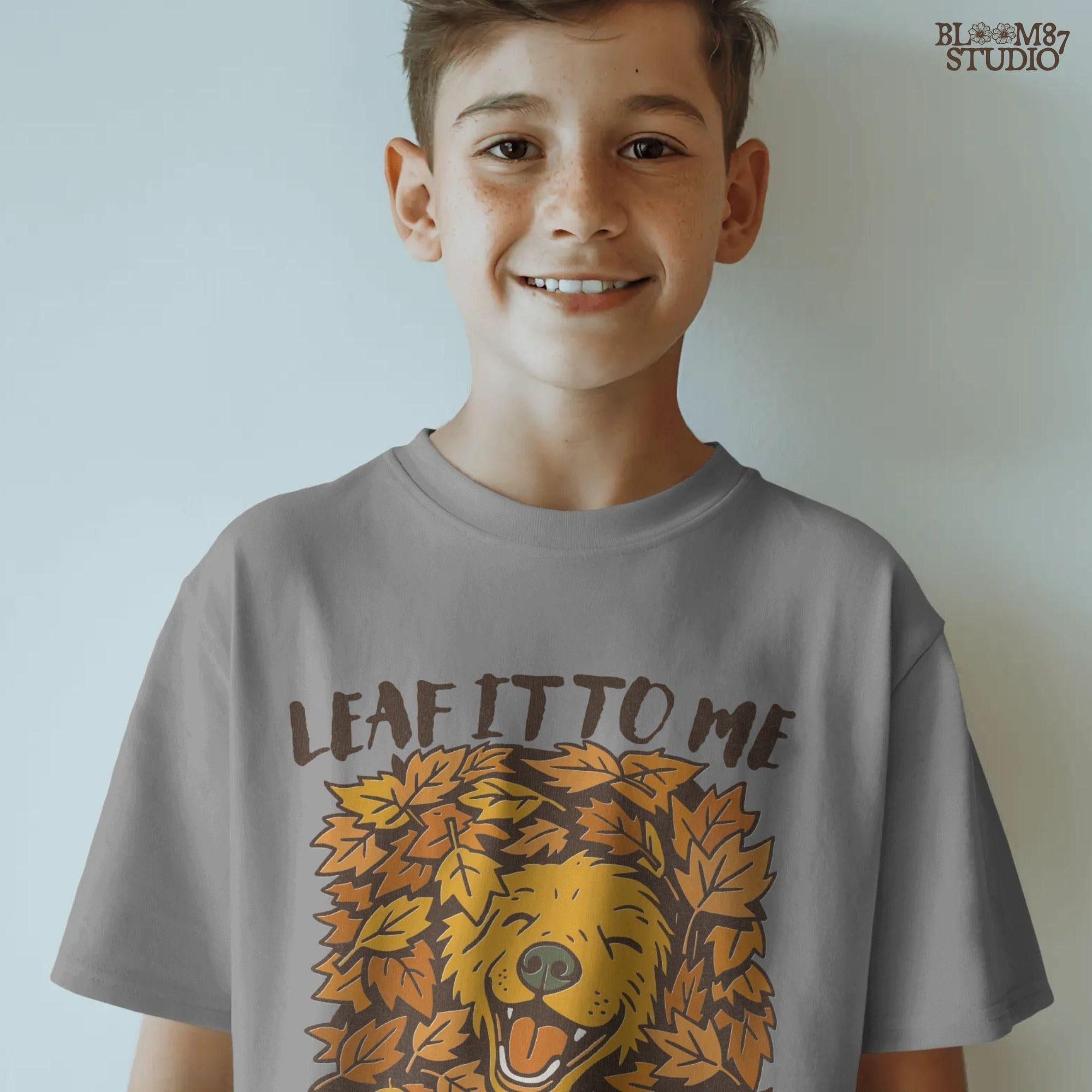 Cute golden retriever surrounded by fall leaves with the phrase “Leaf it to me to love fall”, for autumn dog-themed sublimation projects