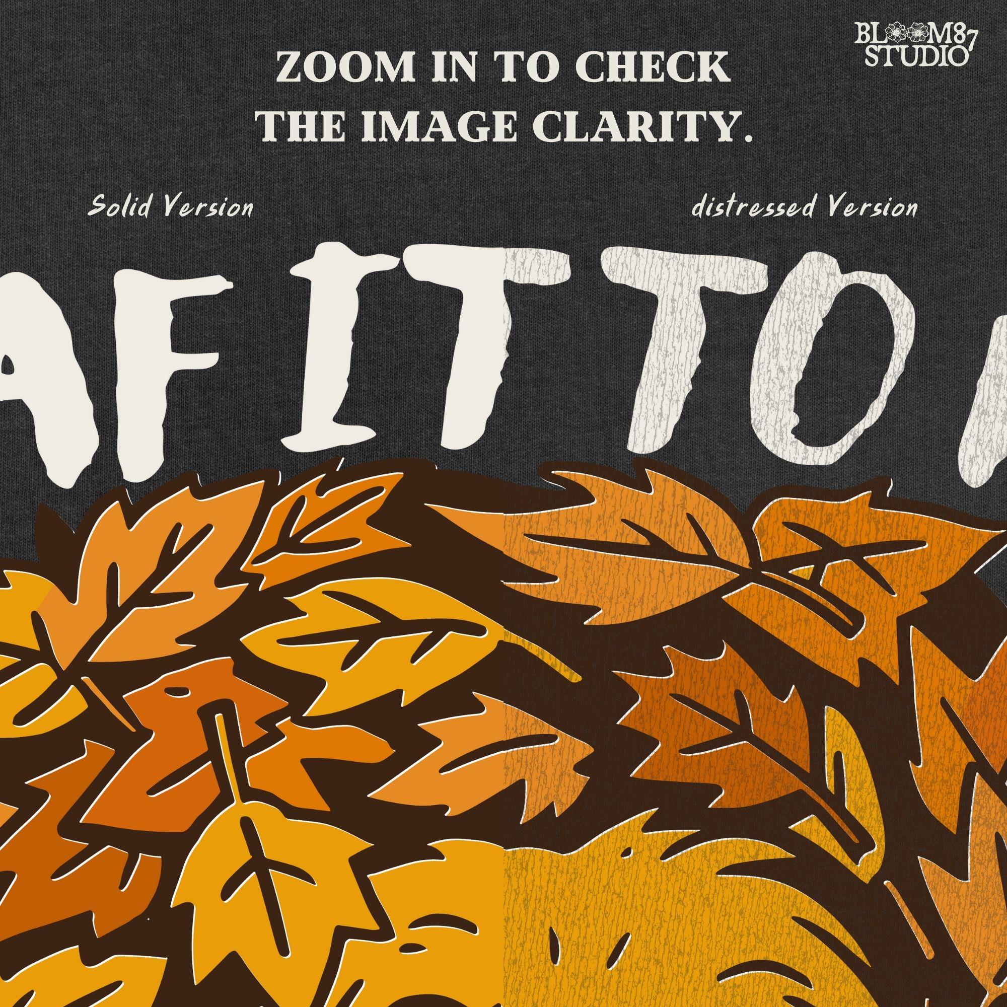 Cute golden retriever surrounded by fall leaves with the phrase “Leaf it to me to love fall”, for autumn dog-themed sublimation projects