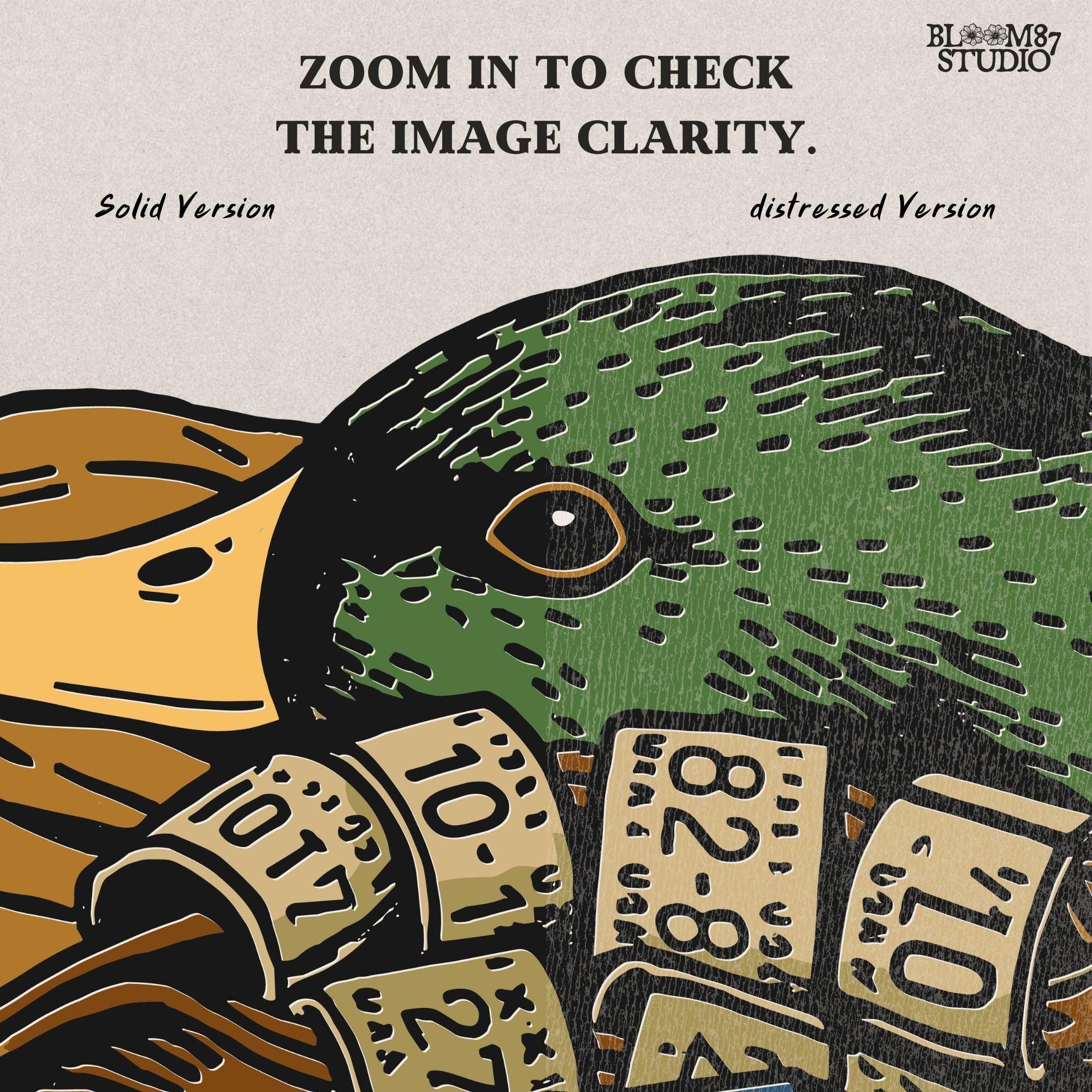 Rustic illustration of a mallard duck head with multiple hunting leg bands and a yellow duck call, PNG for duck hunting-themed sublimation crafts