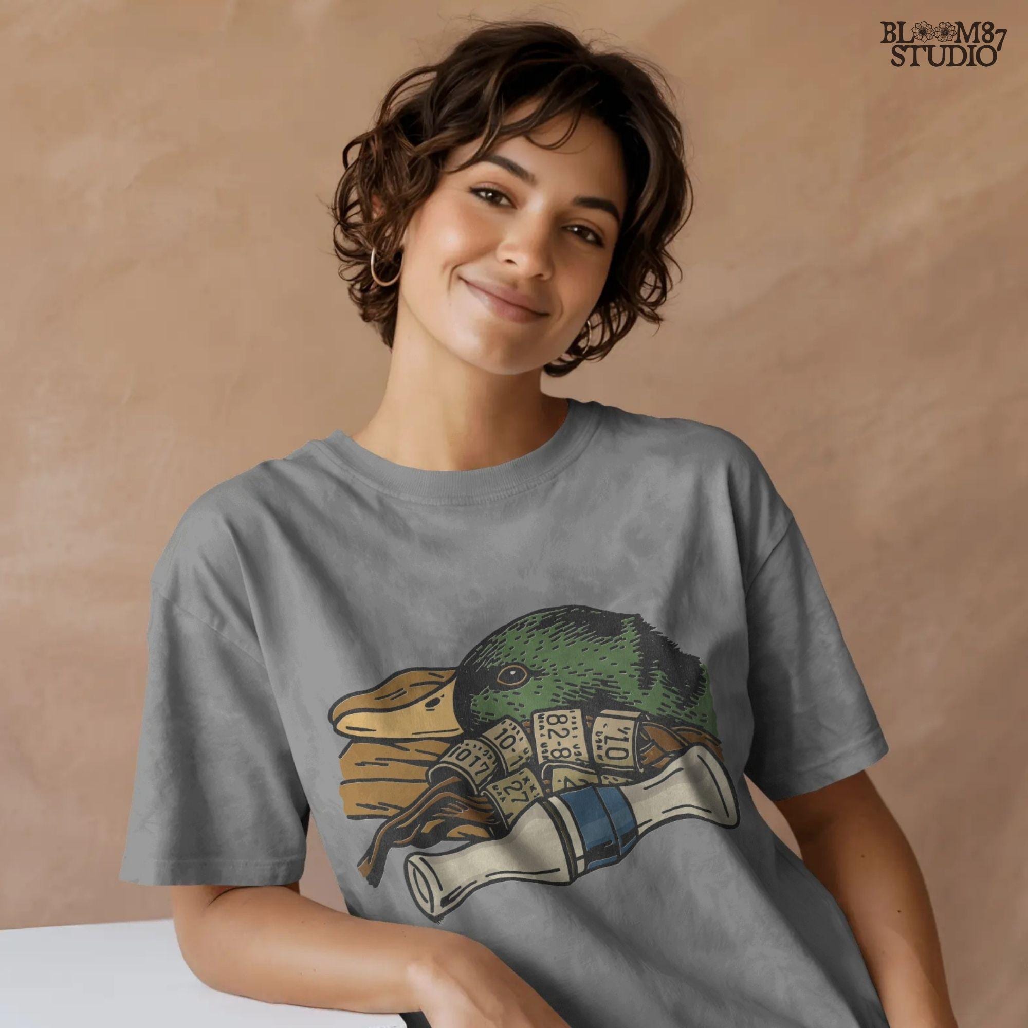 Rustic illustration of a mallard duck head with multiple hunting leg bands and a yellow duck call, PNG for duck hunting-themed sublimation crafts