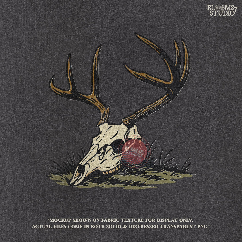 Rustic illustration of a deer skull with large antlers lying on grass, PNG design for hunting-themed and western-style sublimation crafts