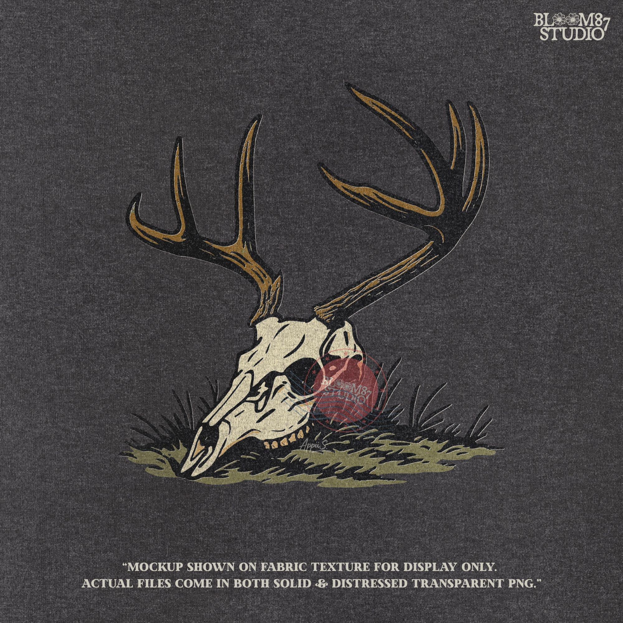 Rustic illustration of a deer skull with large antlers lying on grass, PNG design for hunting-themed and western-style sublimation crafts