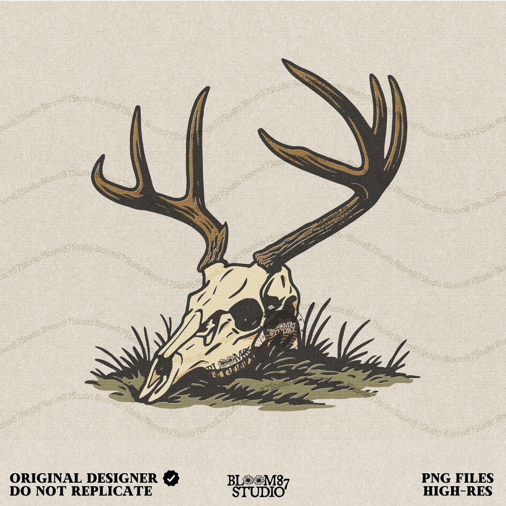Rustic illustration of a deer skull with large antlers lying on grass, PNG design for hunting-themed and western-style sublimation crafts
