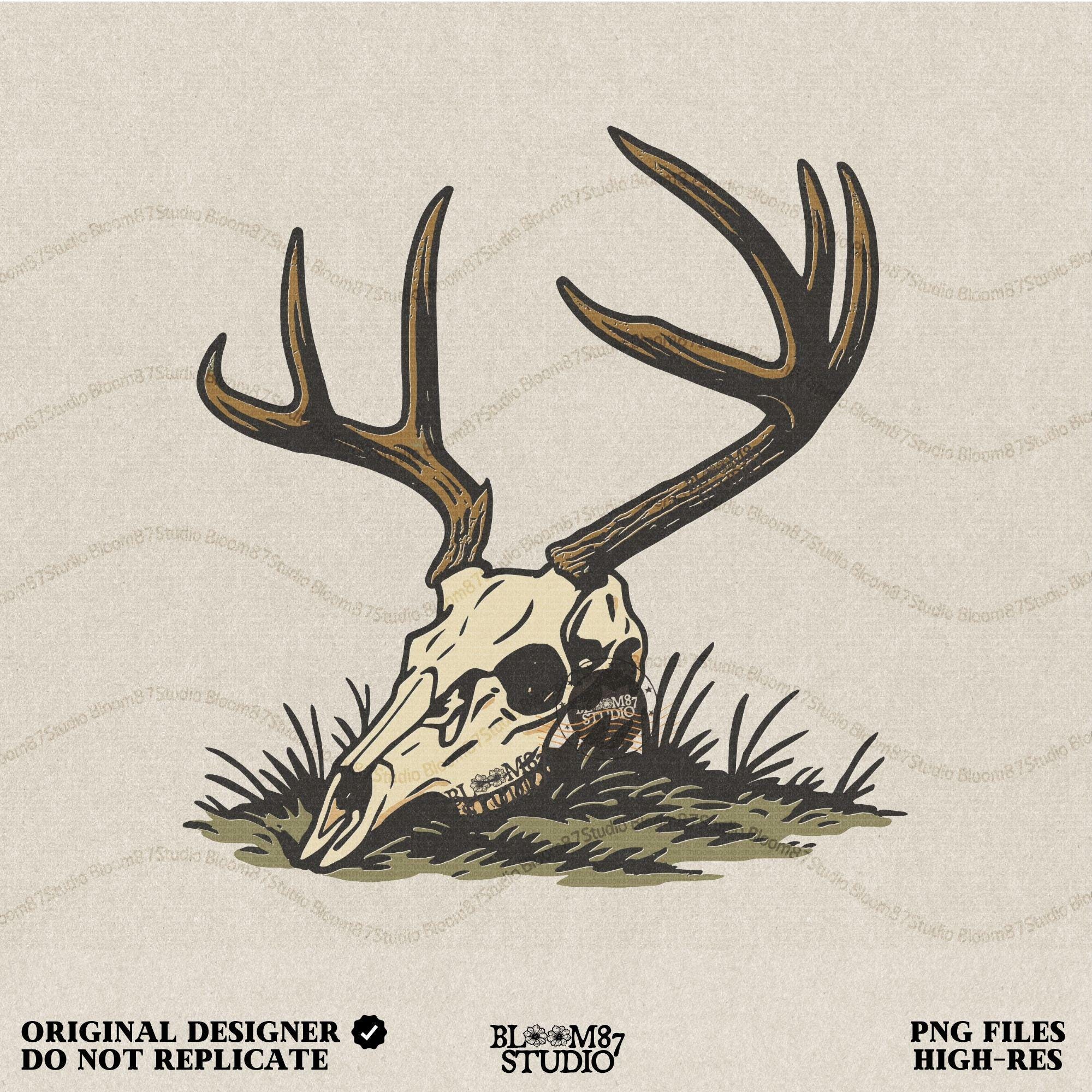 Rustic illustration of a deer skull with large antlers lying on grass, PNG design for hunting-themed and western-style sublimation crafts