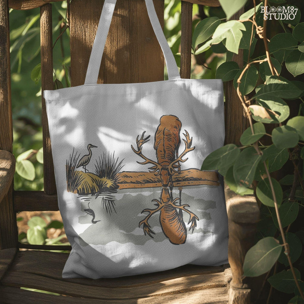 Rustic illustration of a deer with large antlers drinking from a lake, reflected in the water, with a heron in the background, PNG for sublimation crafts