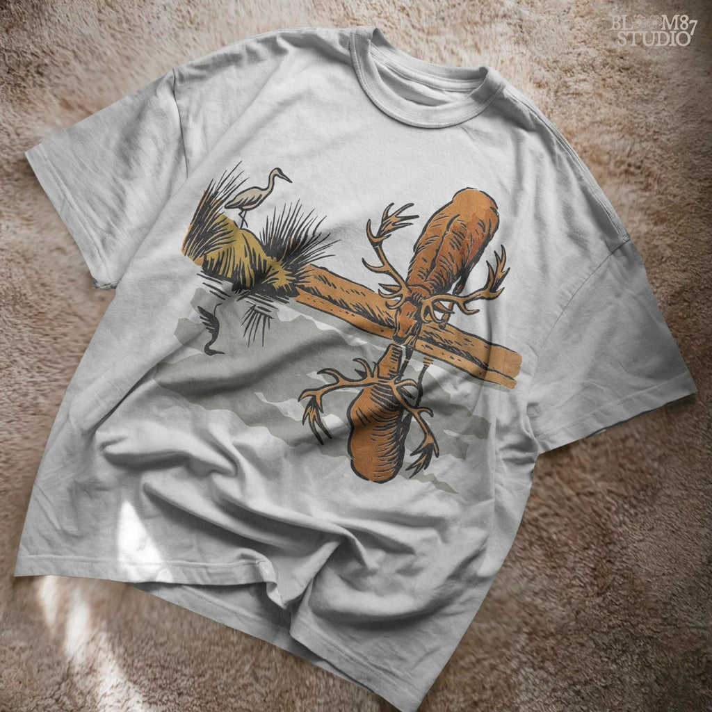 Rustic illustration of a deer with large antlers drinking from a lake, reflected in the water, with a heron in the background, PNG for sublimation crafts