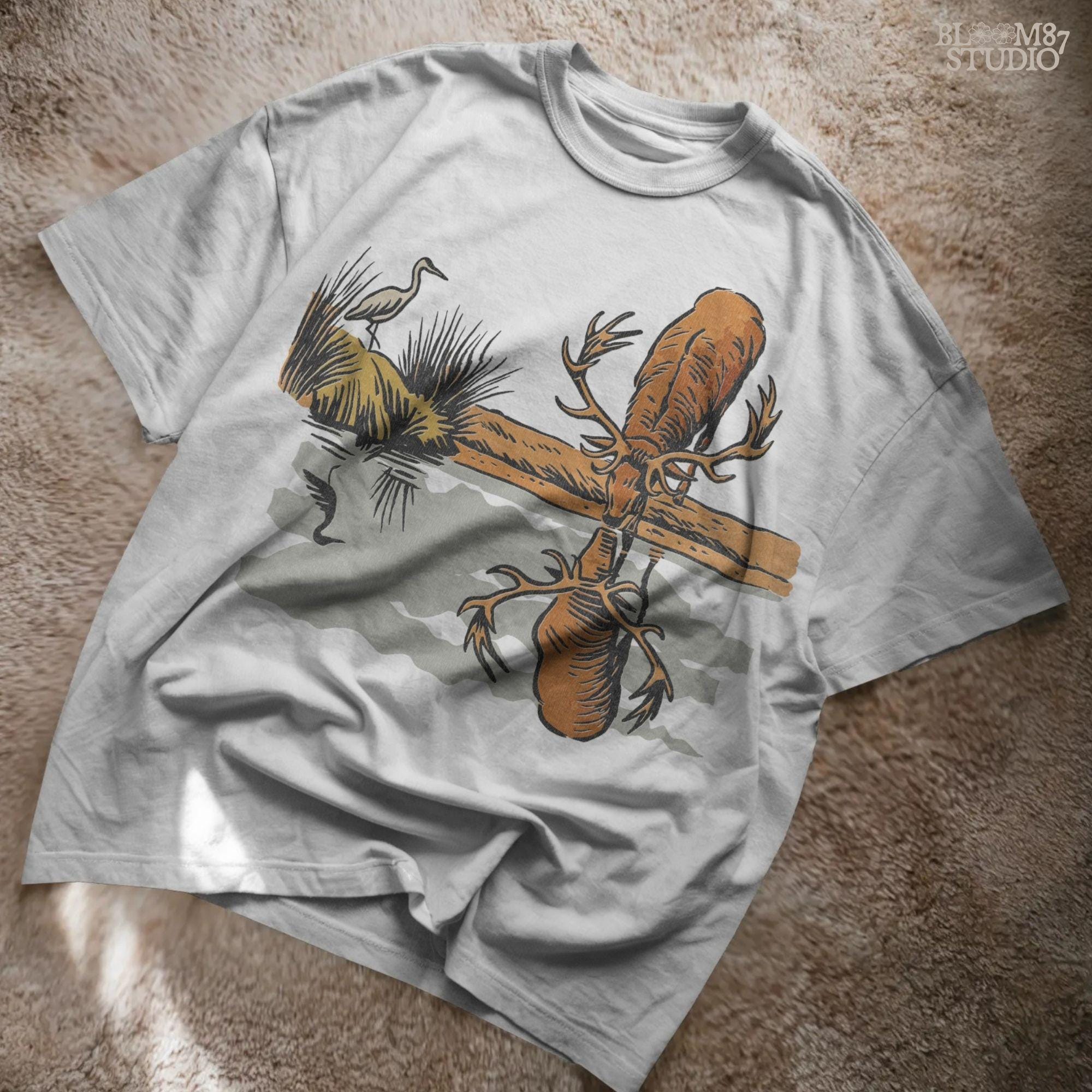 Rustic illustration of a deer with large antlers drinking from a lake, reflected in the water, with a heron in the background, PNG for sublimation crafts