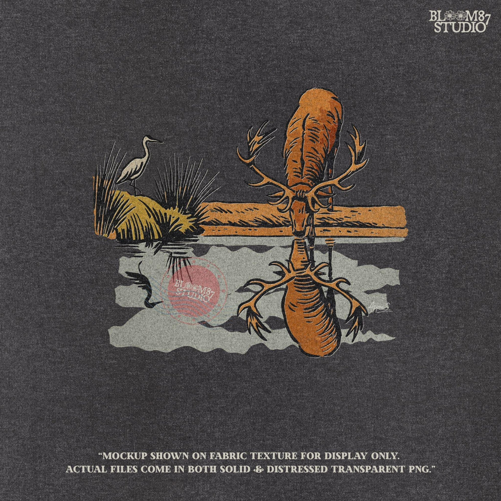 Rustic illustration of a deer with large antlers drinking from a lake, reflected in the water, with a heron in the background, PNG for sublimation crafts