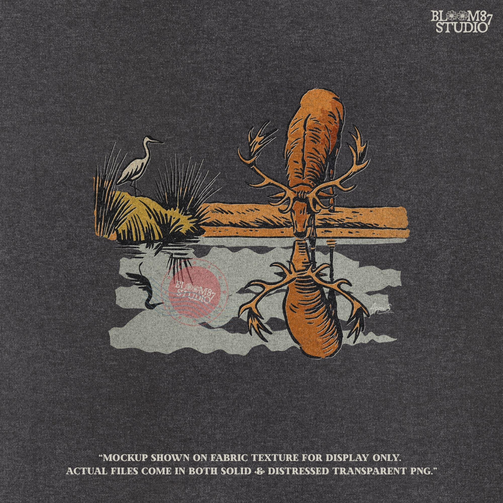 Rustic illustration of a deer with large antlers drinking from a lake, reflected in the water, with a heron in the background, PNG for sublimation crafts