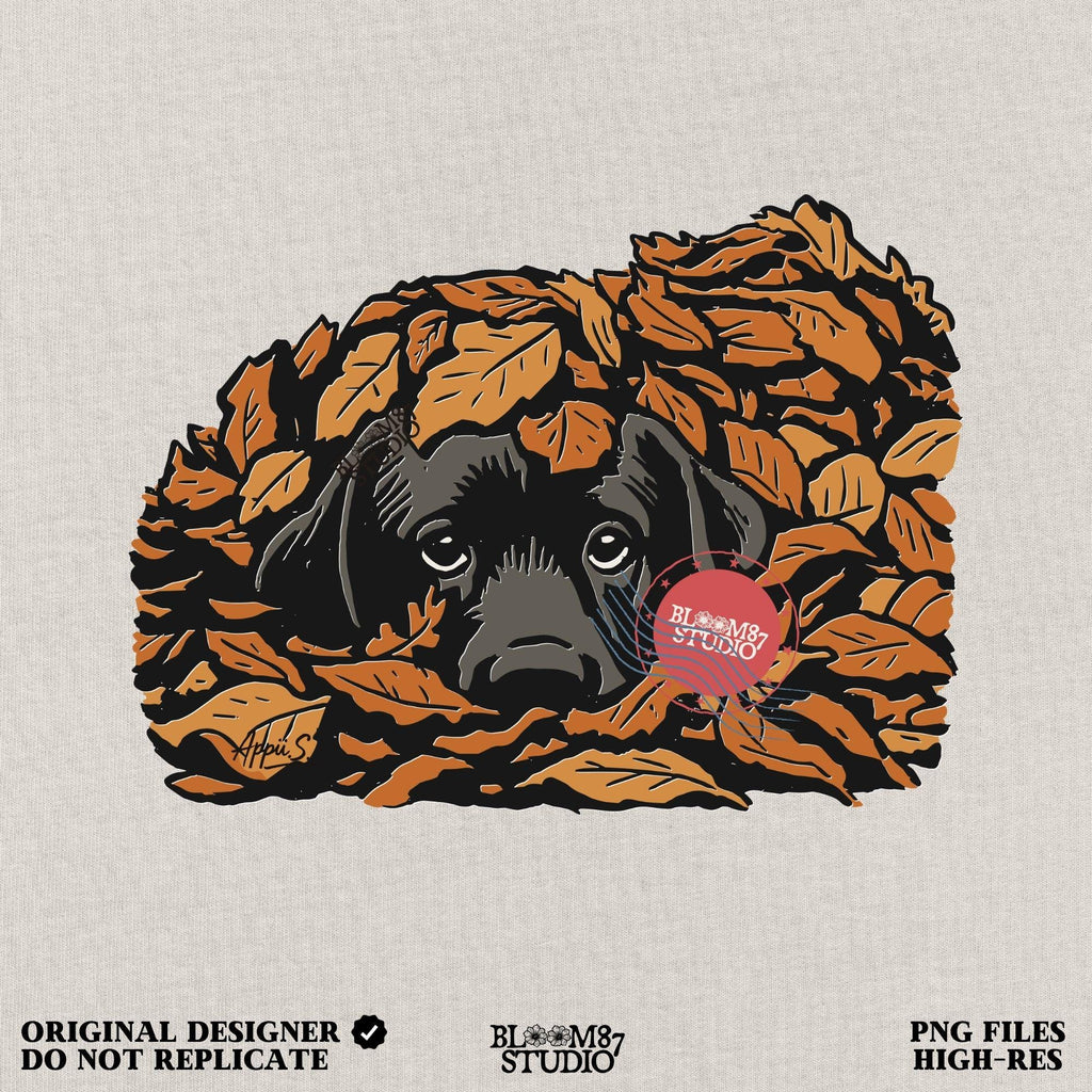 Cute black Labrador retriever peeking through a pile of orange autumn leaves, rustic fall sublimation PNG design