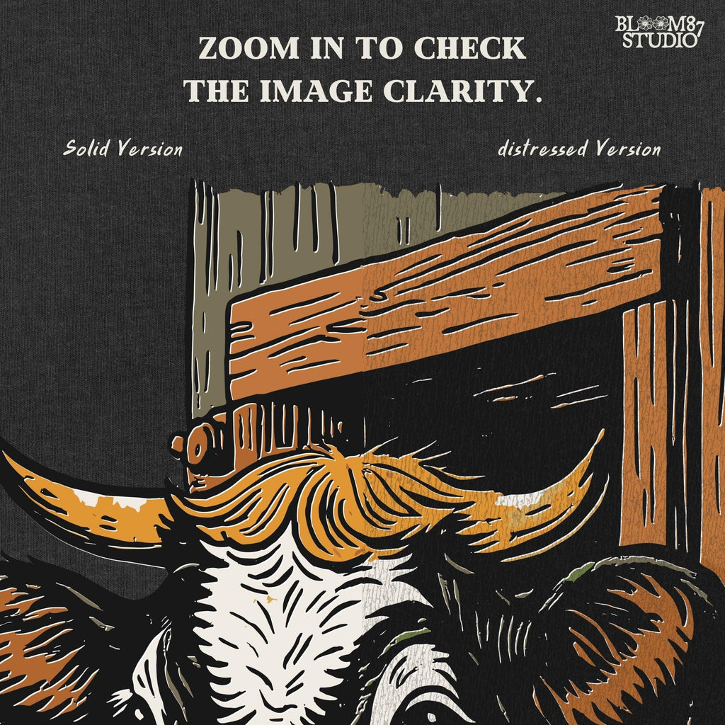 Rustic black and white cow peeking through a wooden barn window, holding yellow wildflowers in its mouth, farm sublimation PNG design