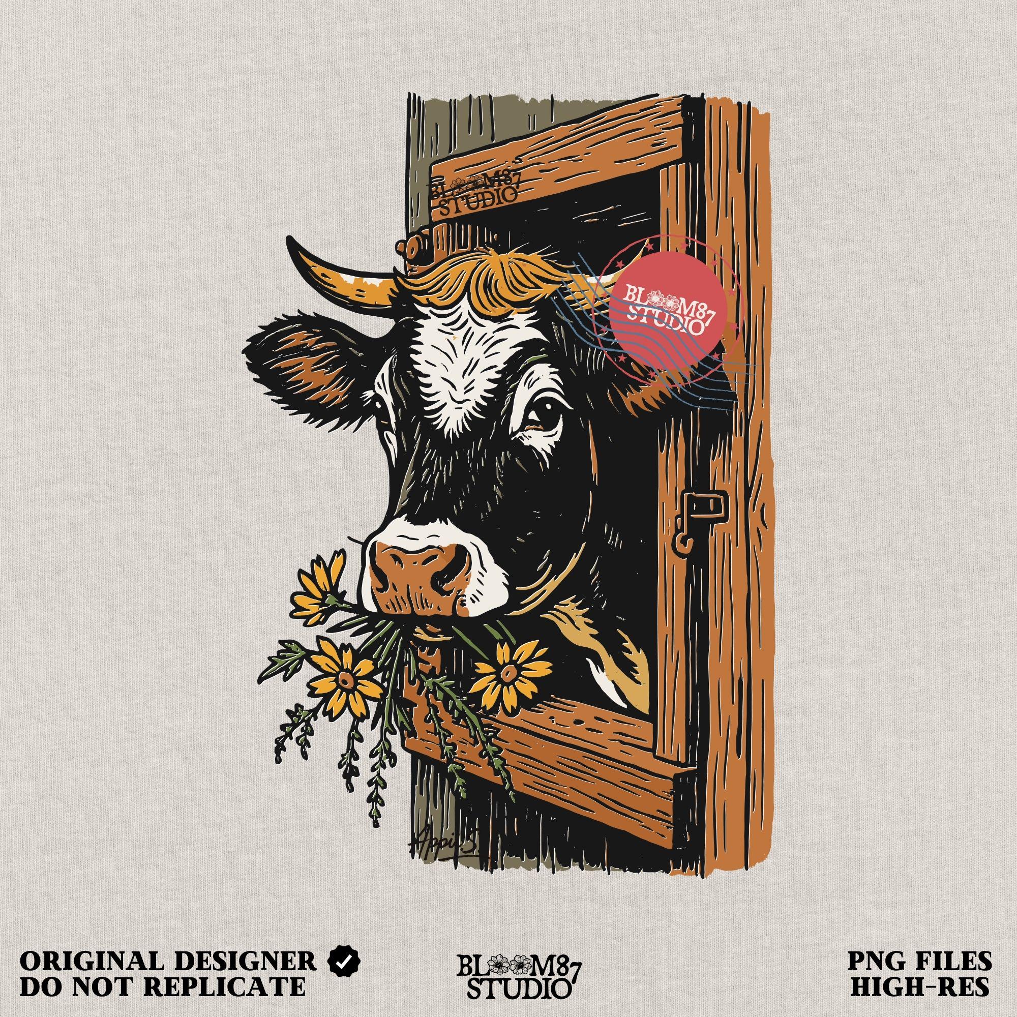 Rustic black and white cow peeking through a wooden barn window, holding yellow wildflowers in its mouth, farm sublimation PNG design