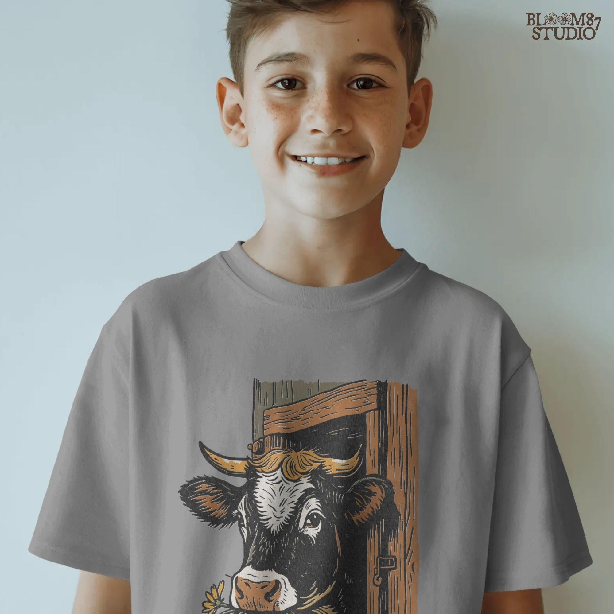 Rustic black and white cow peeking through a wooden barn window, holding yellow wildflowers in its mouth, farm sublimation PNG design