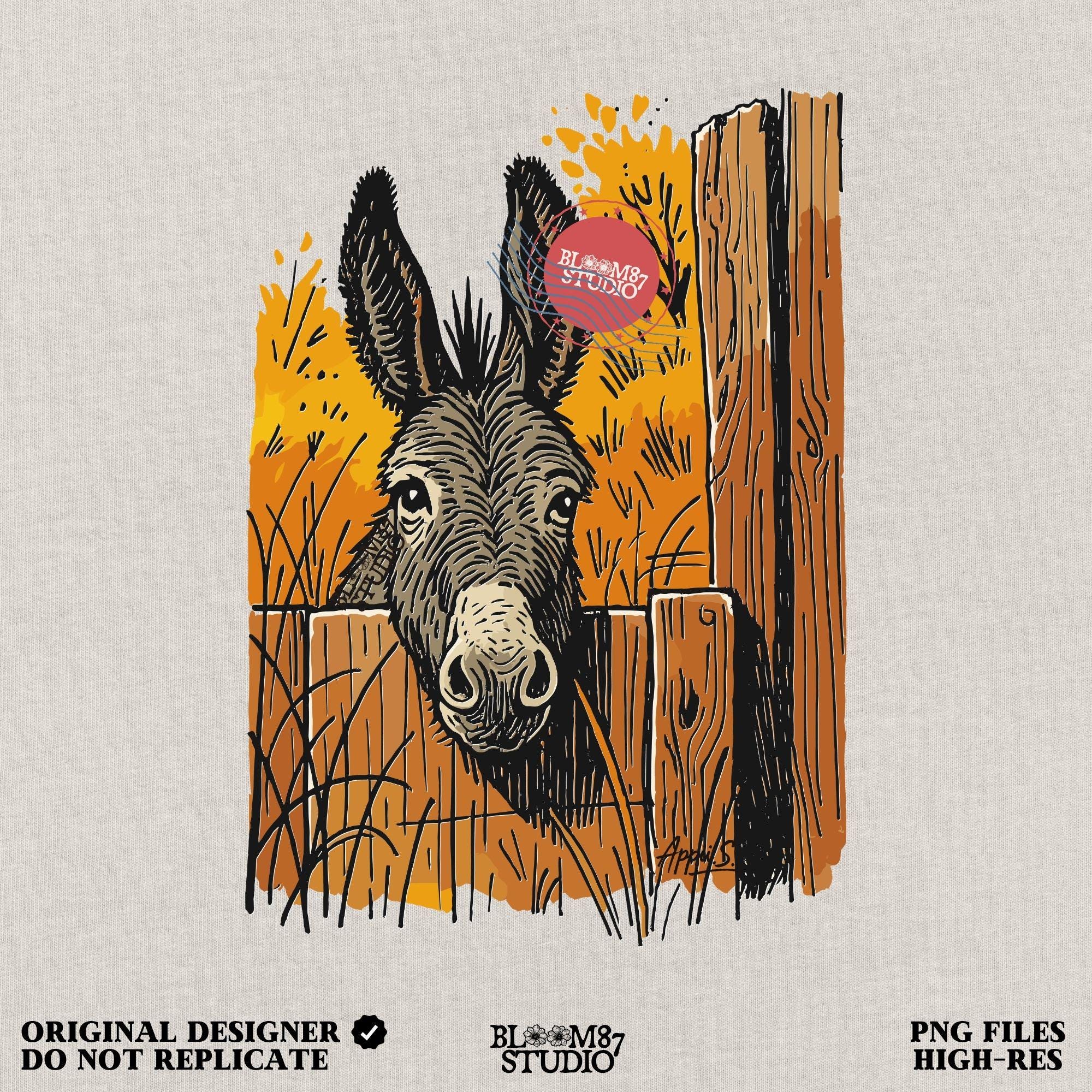 Vintage-style donkey looking through a rustic wooden fence with golden fall foliage in the background, perfect for sublimation crafts