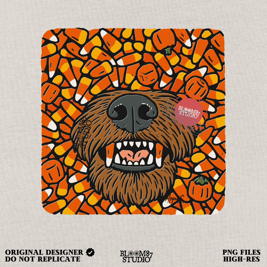 Funny werewolf-style dog face surrounded by candy corn and pumpkins in a Halloween-themed sublimation design