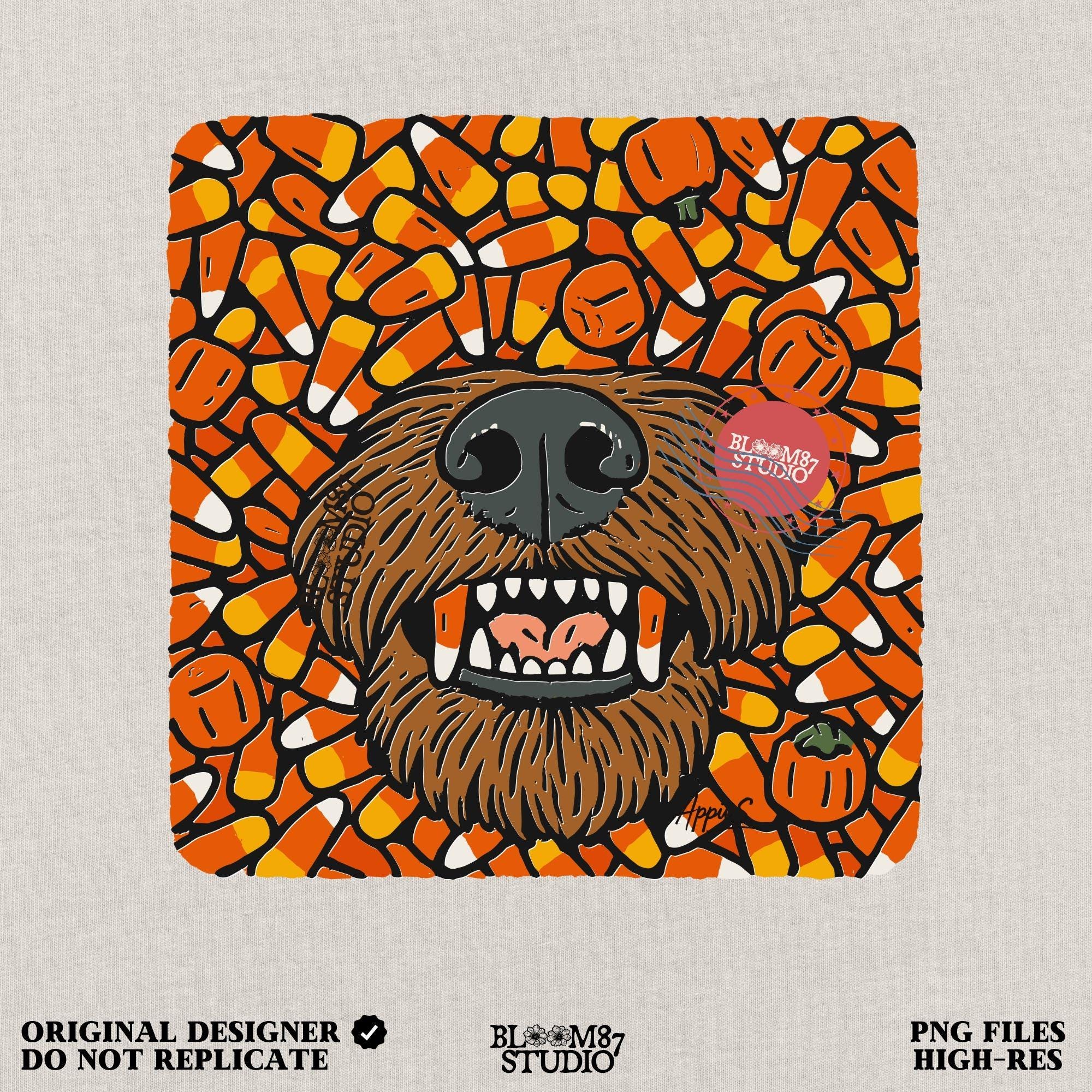 Funny werewolf-style dog face surrounded by candy corn and pumpkins in a Halloween-themed sublimation design