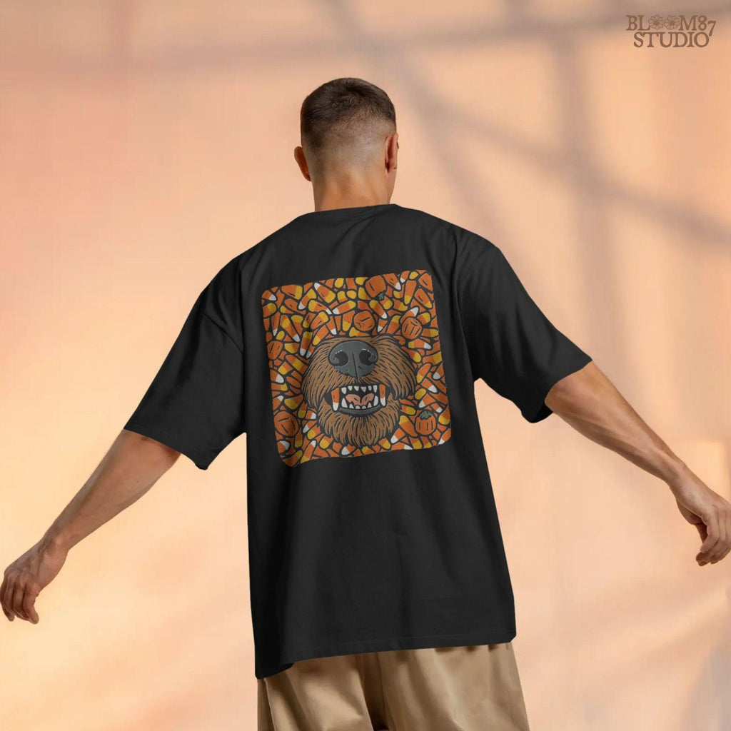 Funny werewolf-style dog face surrounded by candy corn and pumpkins in a Halloween-themed sublimation design