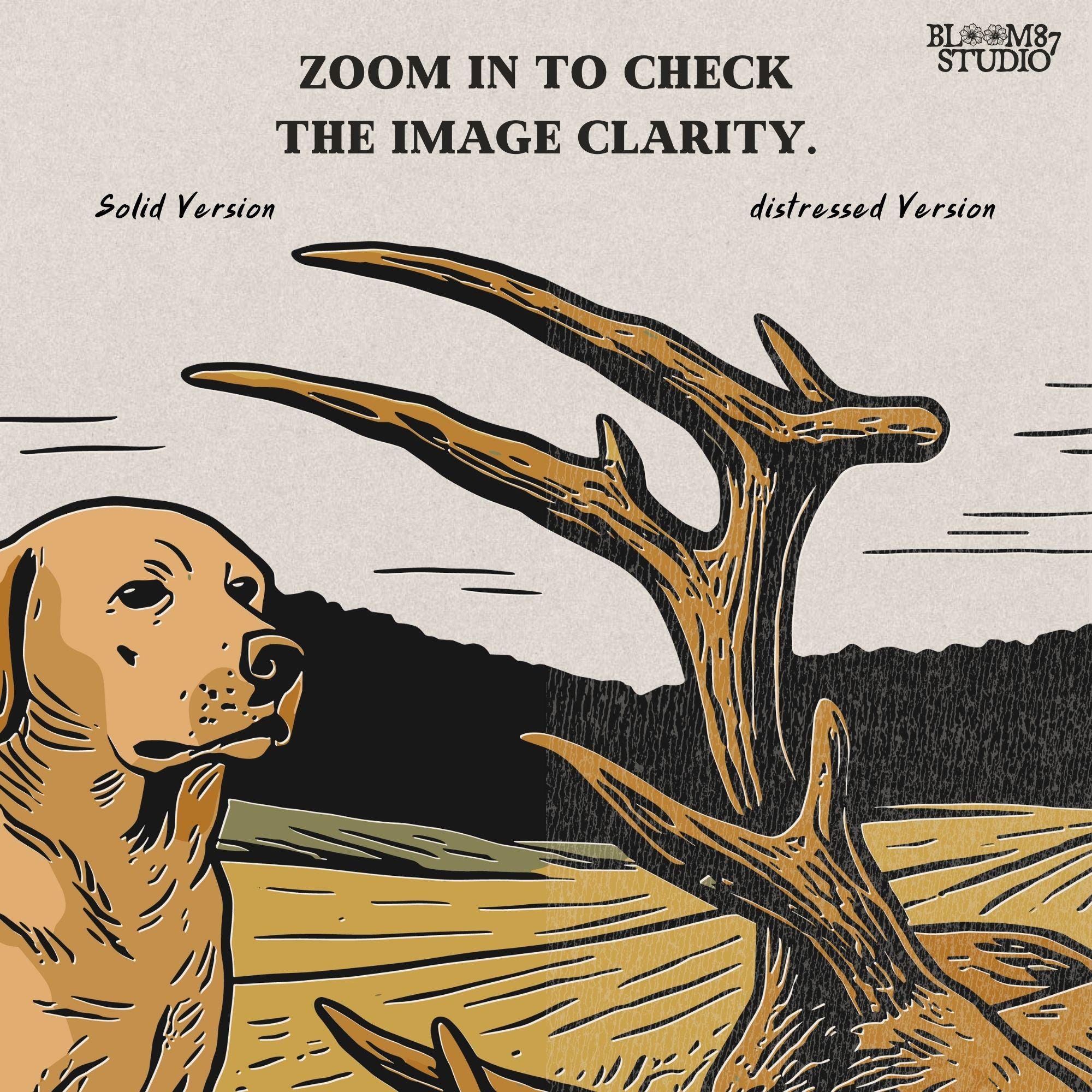 Rustic illustration of a Labrador Retriever sitting in a golden field beside a harvested deer with large antlers, PNG for hunting and lodge décor designs